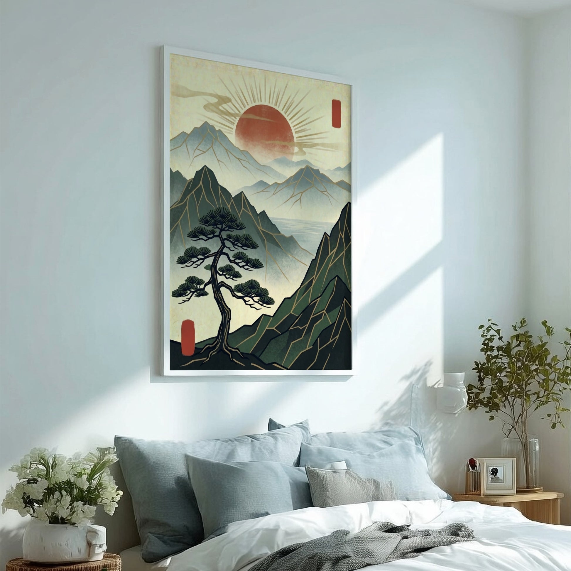 Japanese art style poster featuring a pine tree and red sun over mountains