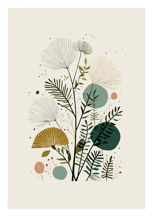 Decorative illustration of plants and flowers on a beige background