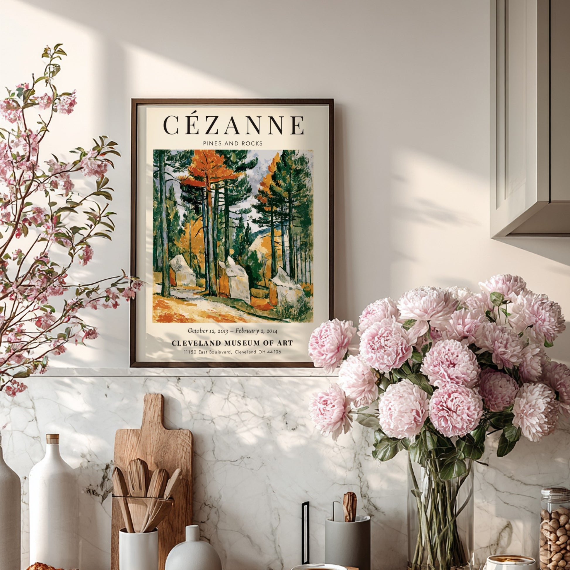Cézanne Exhibition Posters featuring Pines and Rocks artwork in vibrant greens and earthy tones