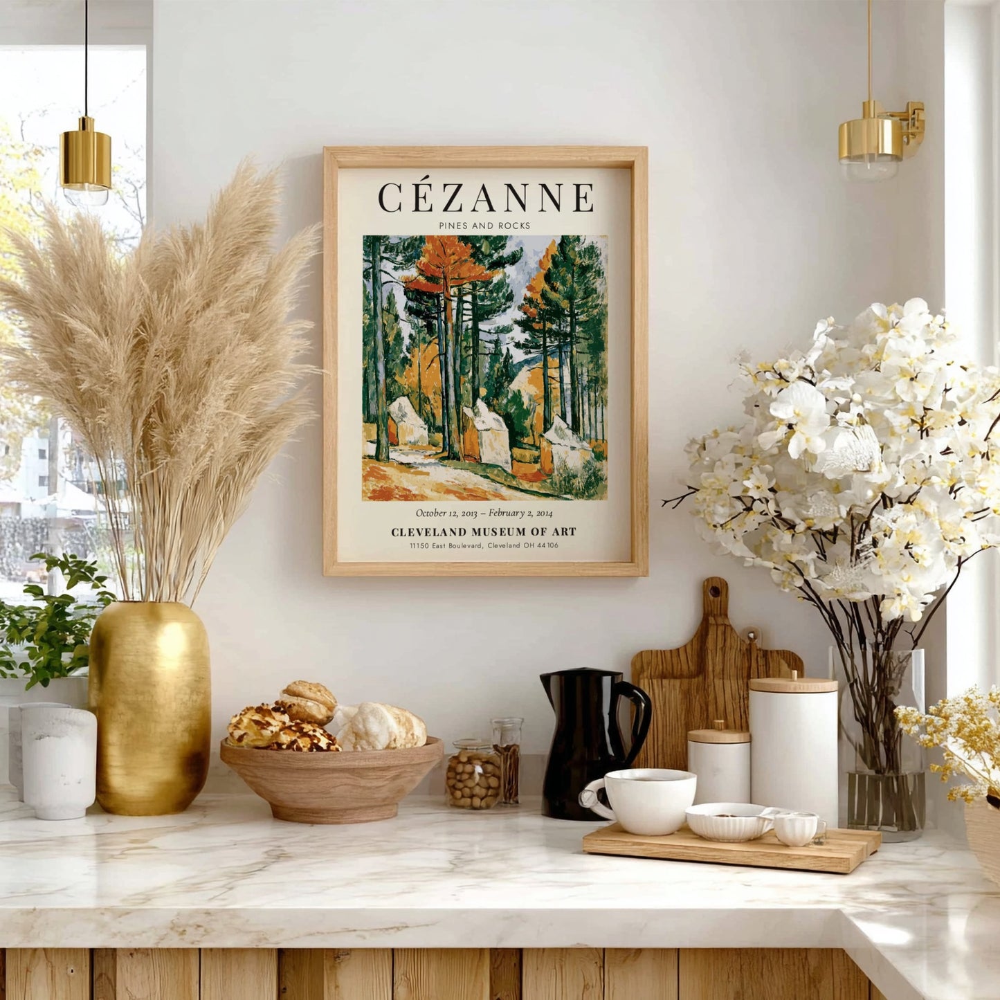 Cézanne Exhibition Posters featuring Pines and Rocks artwork in vibrant greens and earthy tones