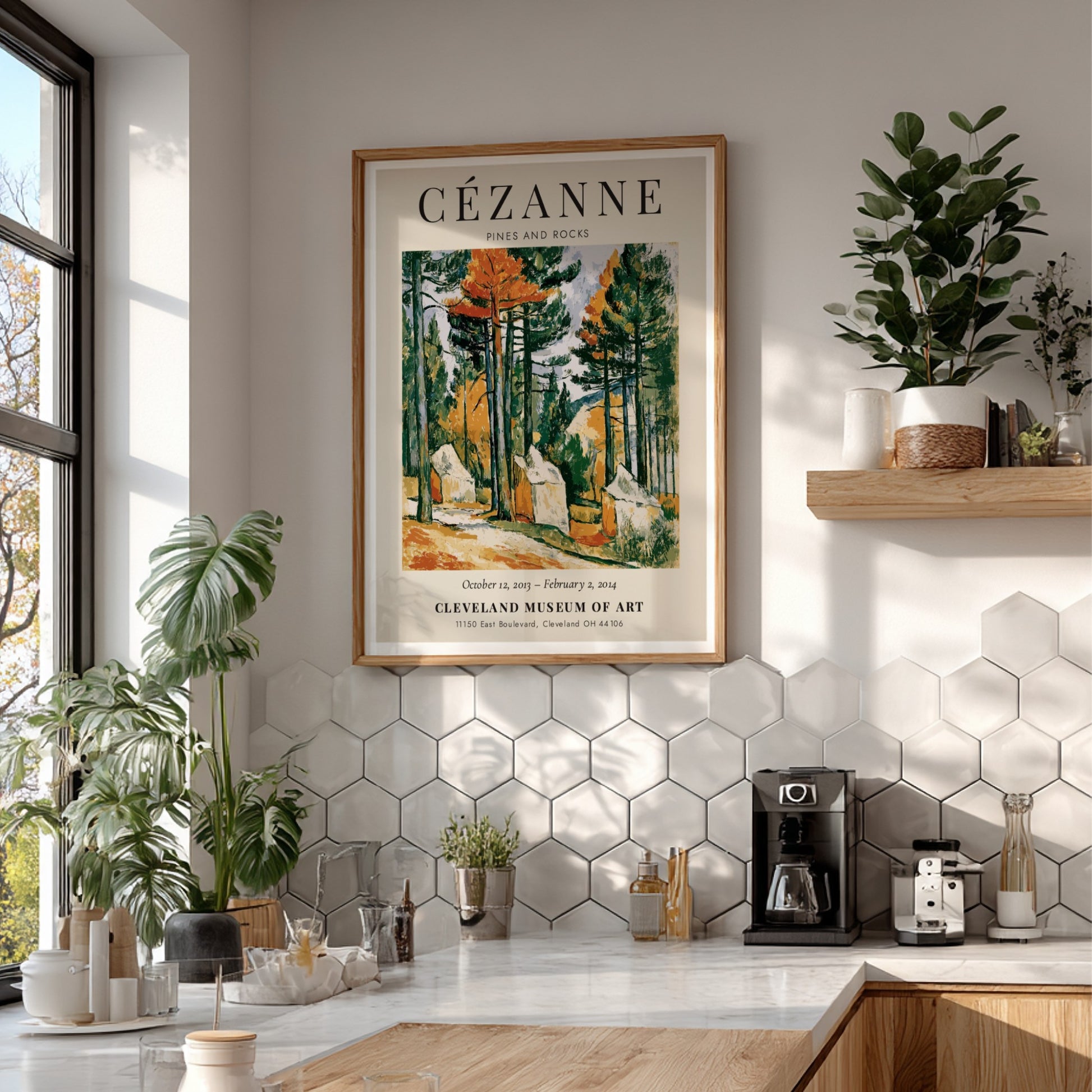 Cézanne Exhibition Posters featuring Pines and Rocks artwork in vibrant greens and earthy tones