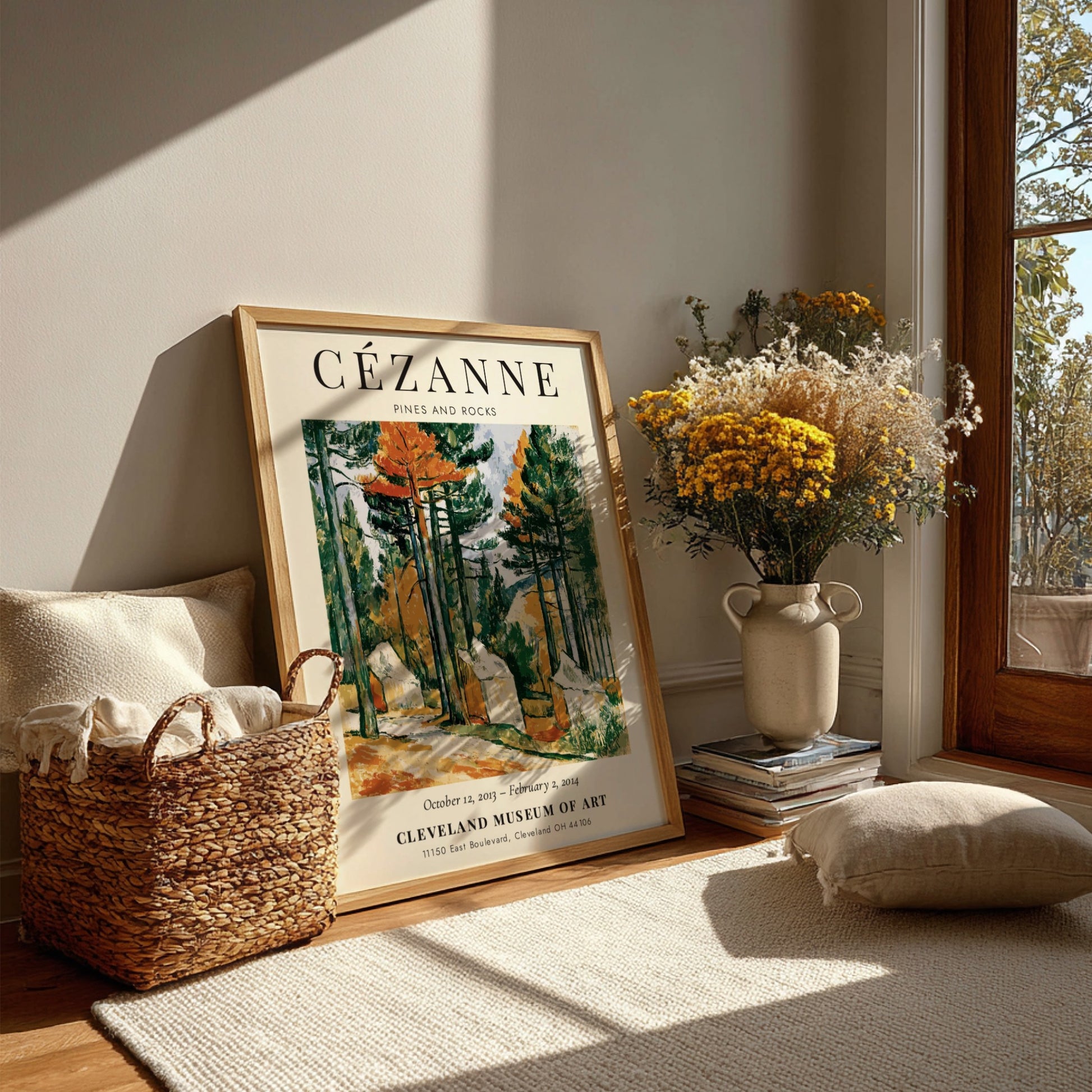 Cézanne Exhibition Posters featuring Pines and Rocks artwork in vibrant greens and earthy tones