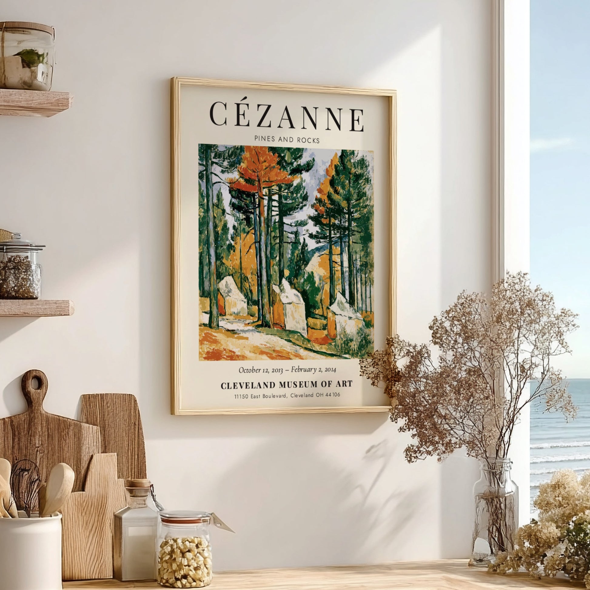 Cézanne Exhibition Posters featuring Pines and Rocks artwork in vibrant greens and earthy tones