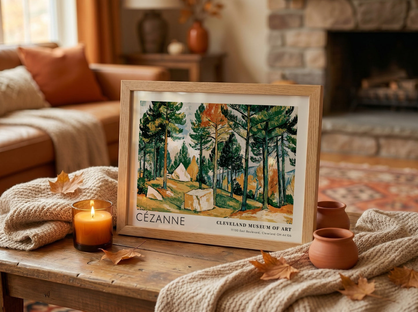 Wall art poster featuring Cézanne Pines and Rocks landscape with green trees and rocks