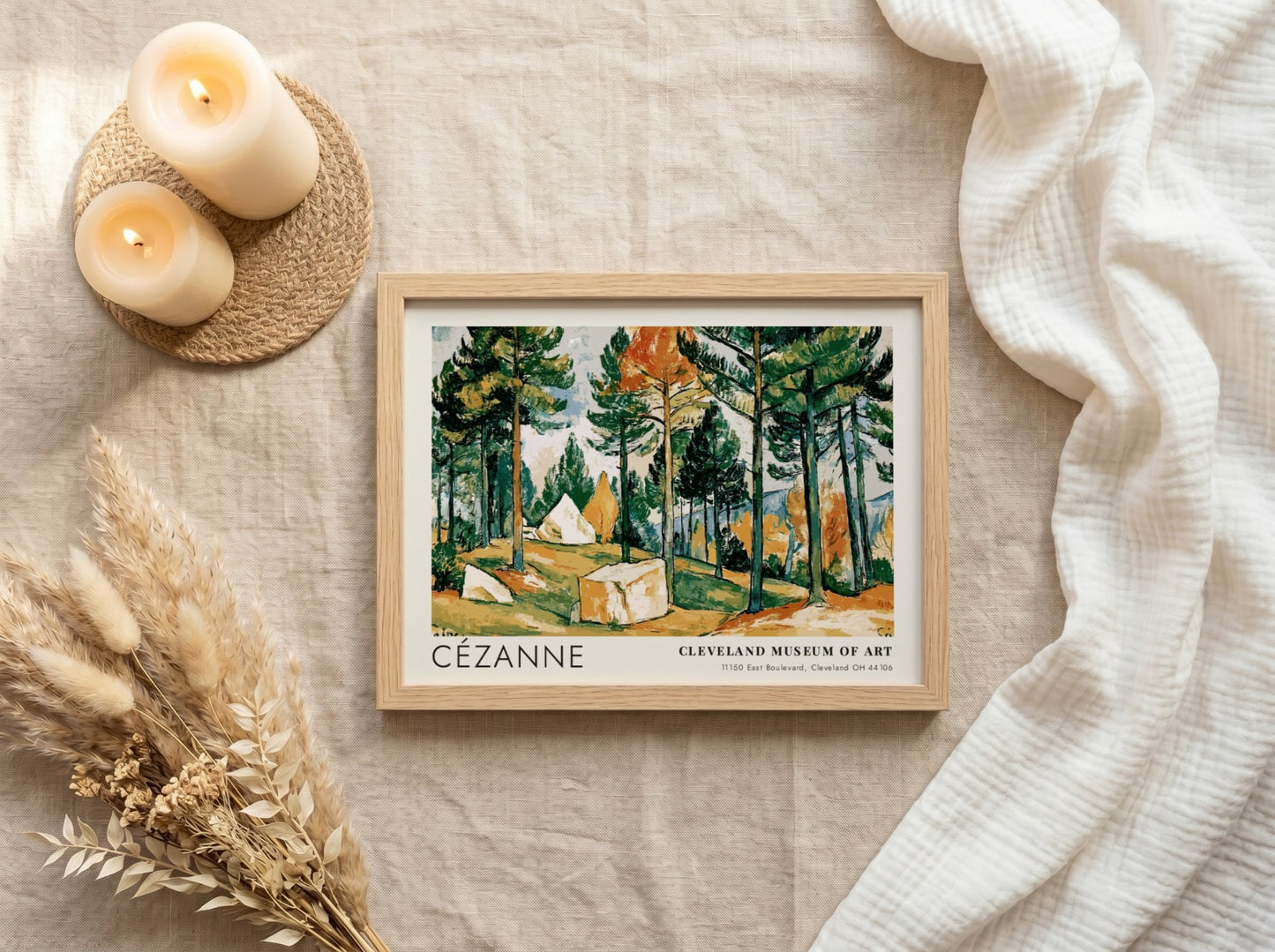 Wall art poster featuring Cézanne Pines and Rocks landscape with green trees and rocks