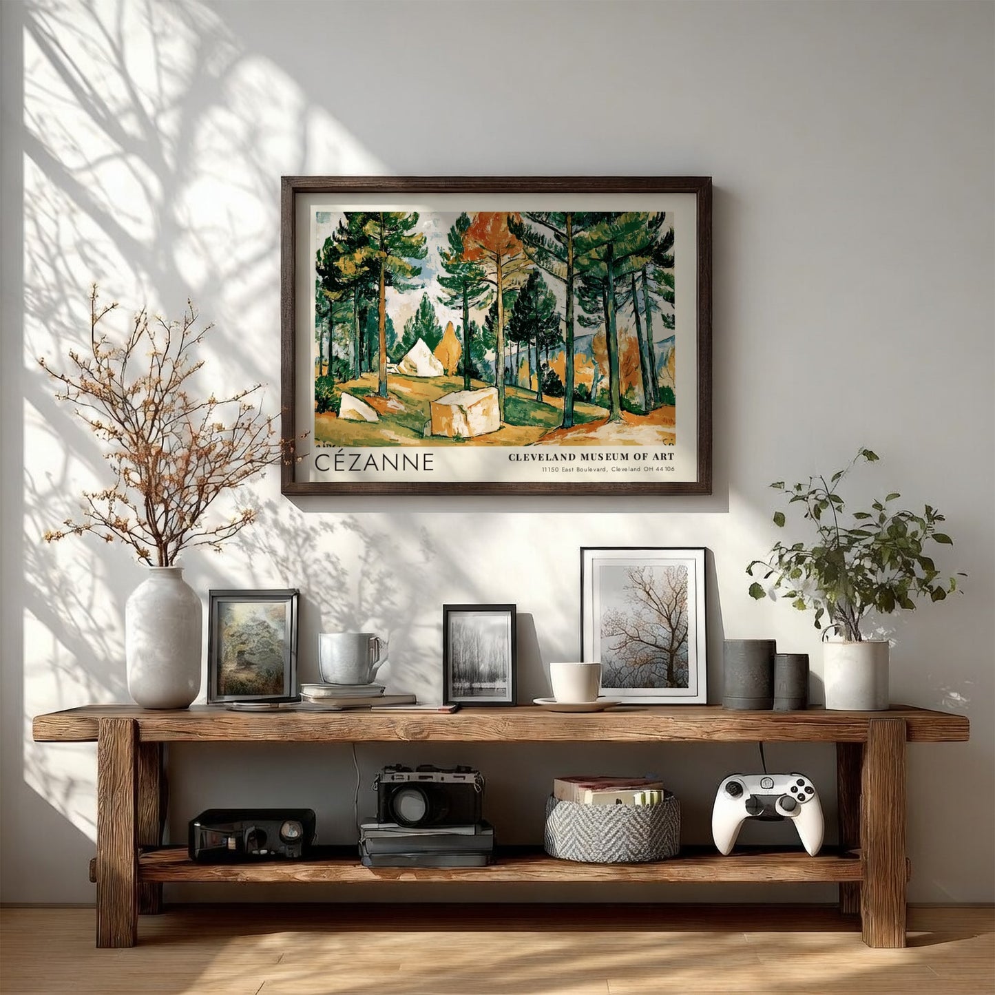 Wall art poster featuring Cézanne Pines and Rocks landscape with green trees and rocks