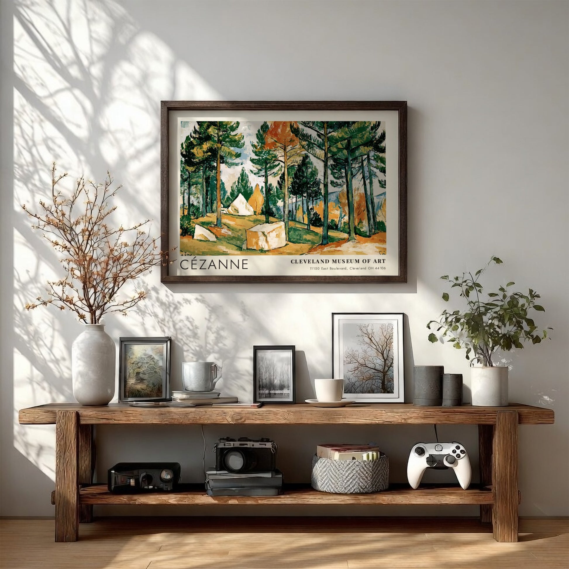 Wall art poster featuring Cézanne Pines and Rocks landscape with green trees and rocks