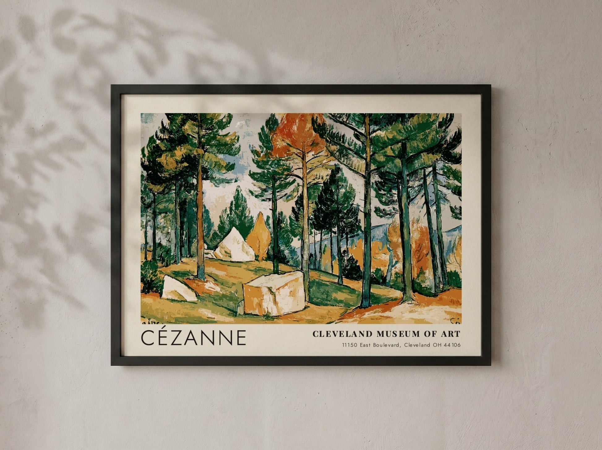 Wall art poster featuring Cézanne Pines and Rocks landscape with green trees and rocks