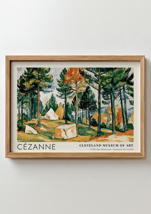 Wall art poster featuring Cézanne Pines and Rocks landscape with green trees and rocks