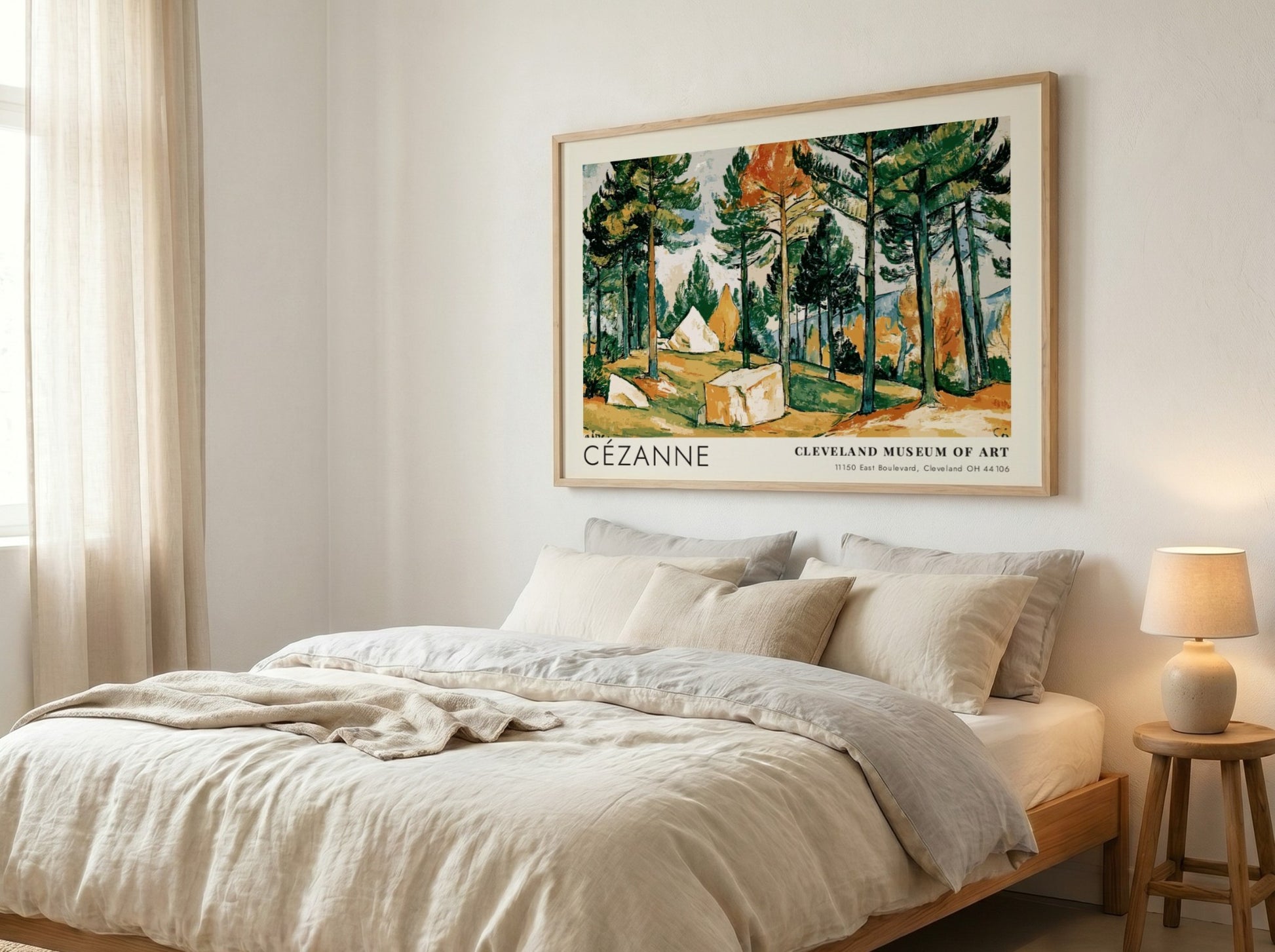 Wall art poster featuring Cézanne Pines and Rocks landscape with green trees and rocks
