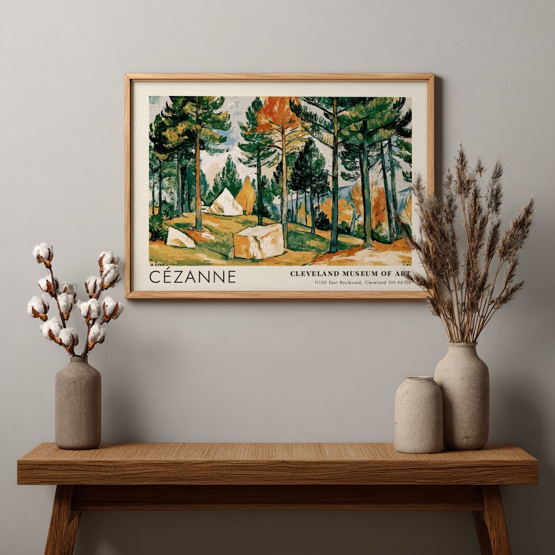 Wall art poster featuring Cézanne Pines and Rocks landscape with green trees and rocks