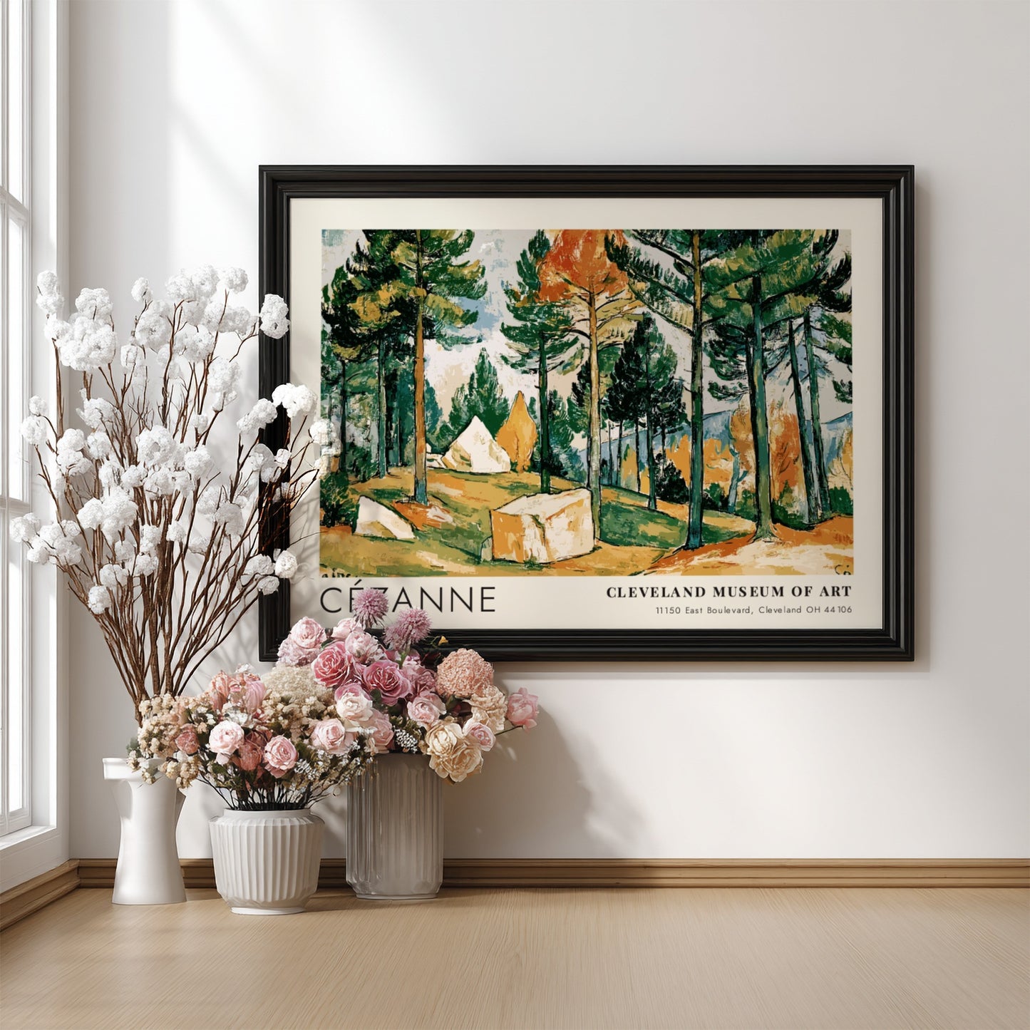 Wall art poster featuring Cézanne Pines and Rocks landscape with green trees and rocks