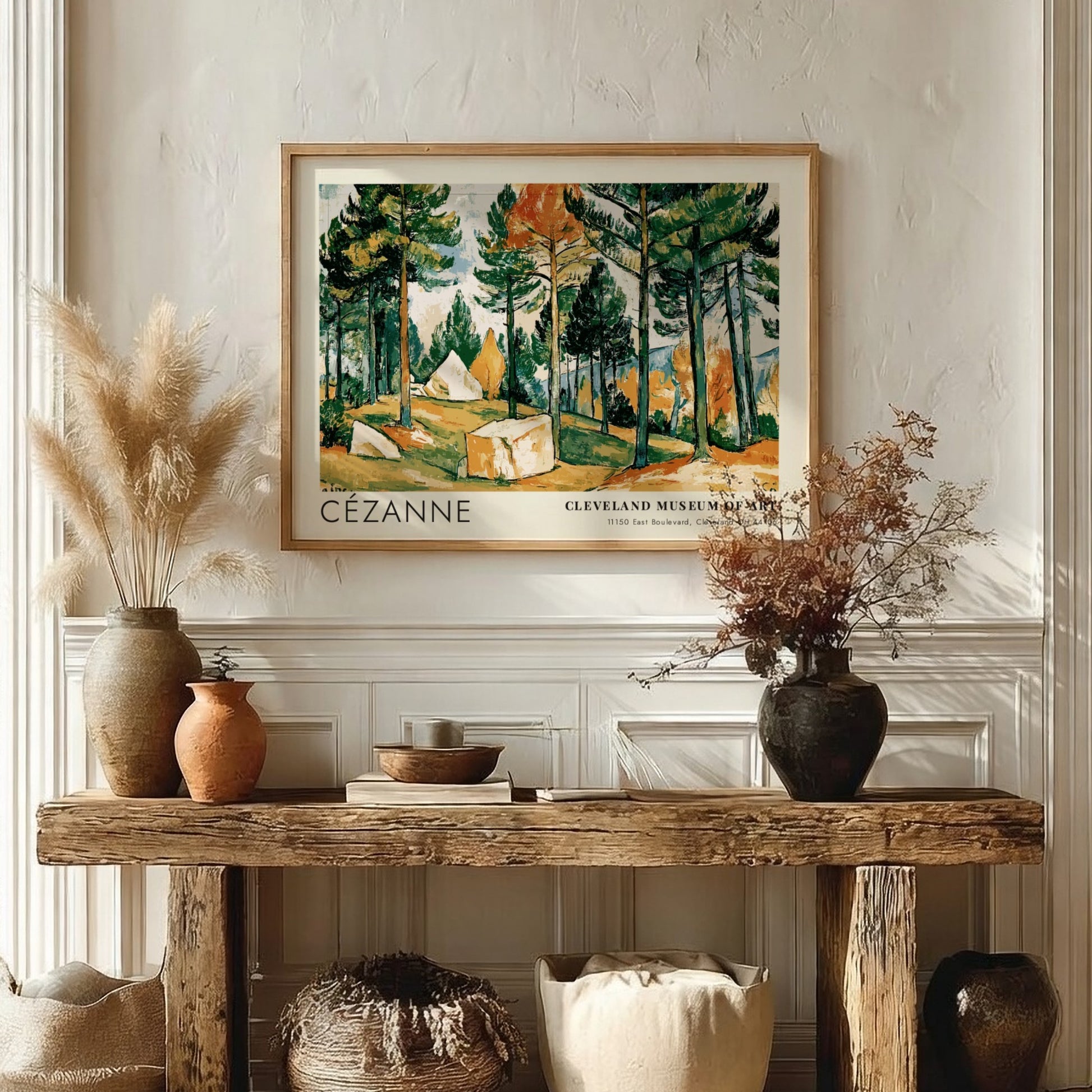Wall art poster featuring Cézanne Pines and Rocks landscape with green trees and rocks