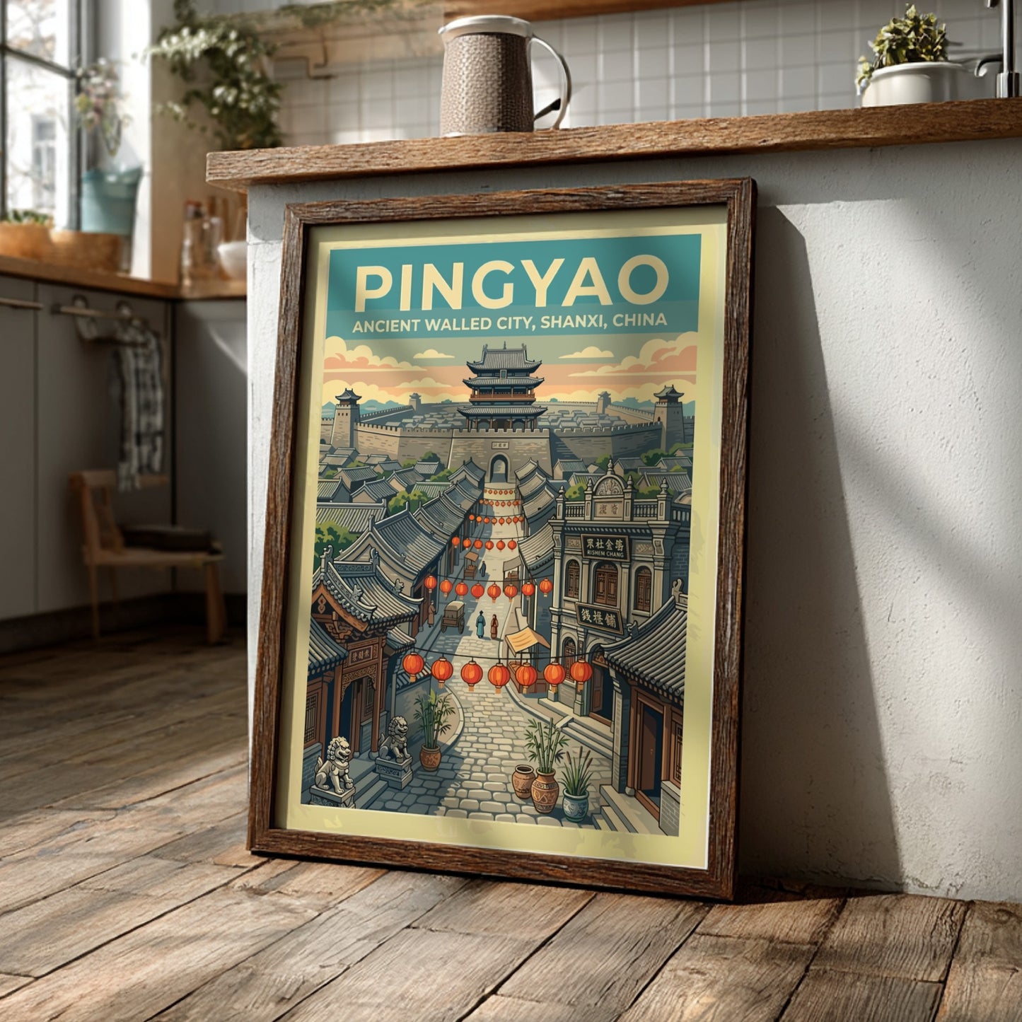 Pingyao travel poster featuring an ancient walled city with lanterns and traditional architecture.