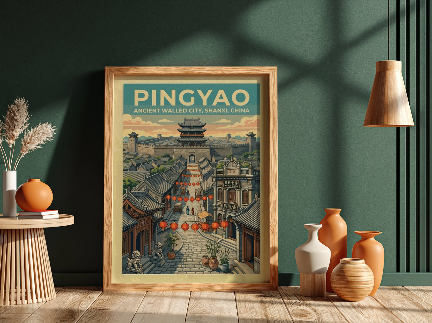 Pingyao travel poster featuring an ancient walled city with lanterns and traditional architecture.