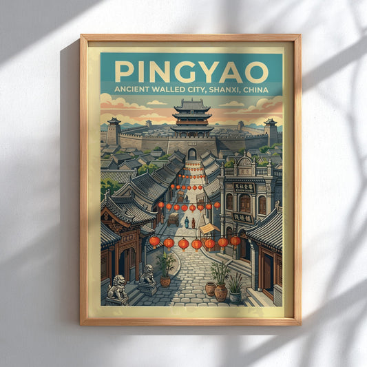 Pingyao travel poster featuring an ancient walled city with lanterns and traditional architecture.