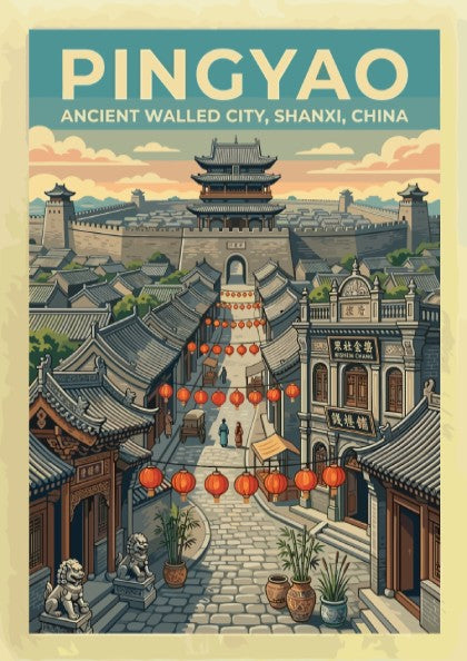 Pingyao travel poster featuring an ancient walled city with lanterns and traditional architecture.