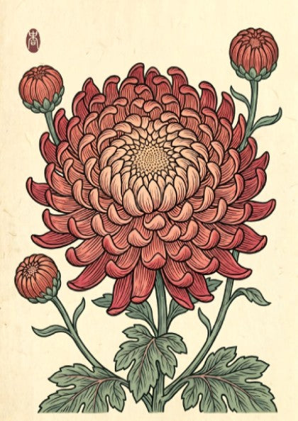Japanese art style poster featuring a pink chrysanthemum with intricate details and warm colors