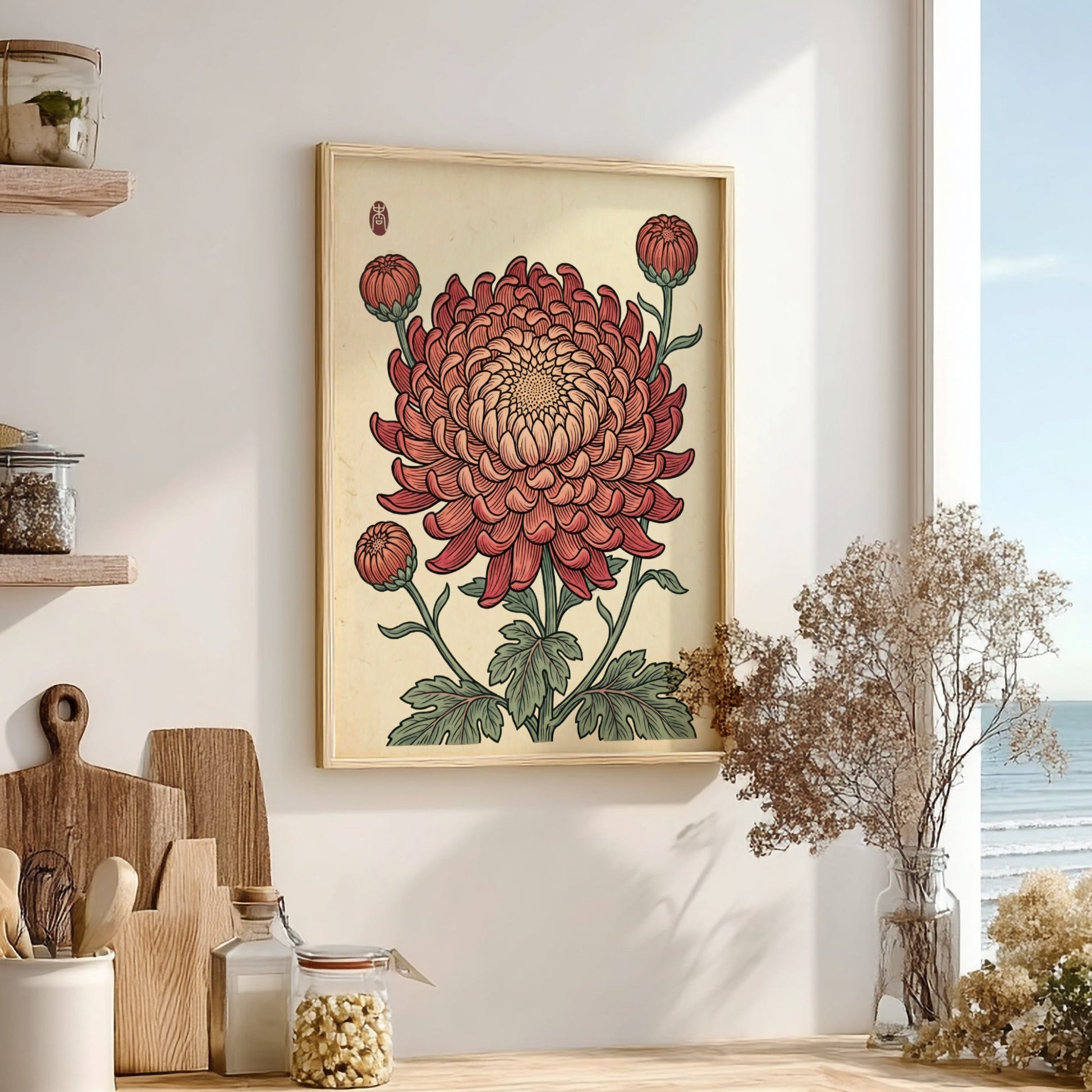 Japanese art style poster featuring a pink chrysanthemum with intricate details and warm colors