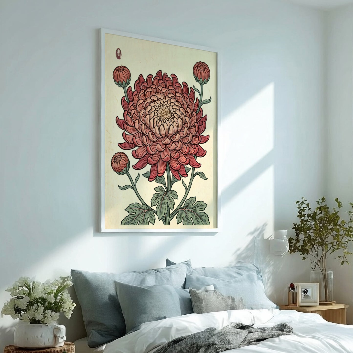 Japanese art style poster featuring a pink chrysanthemum with intricate details and warm colors