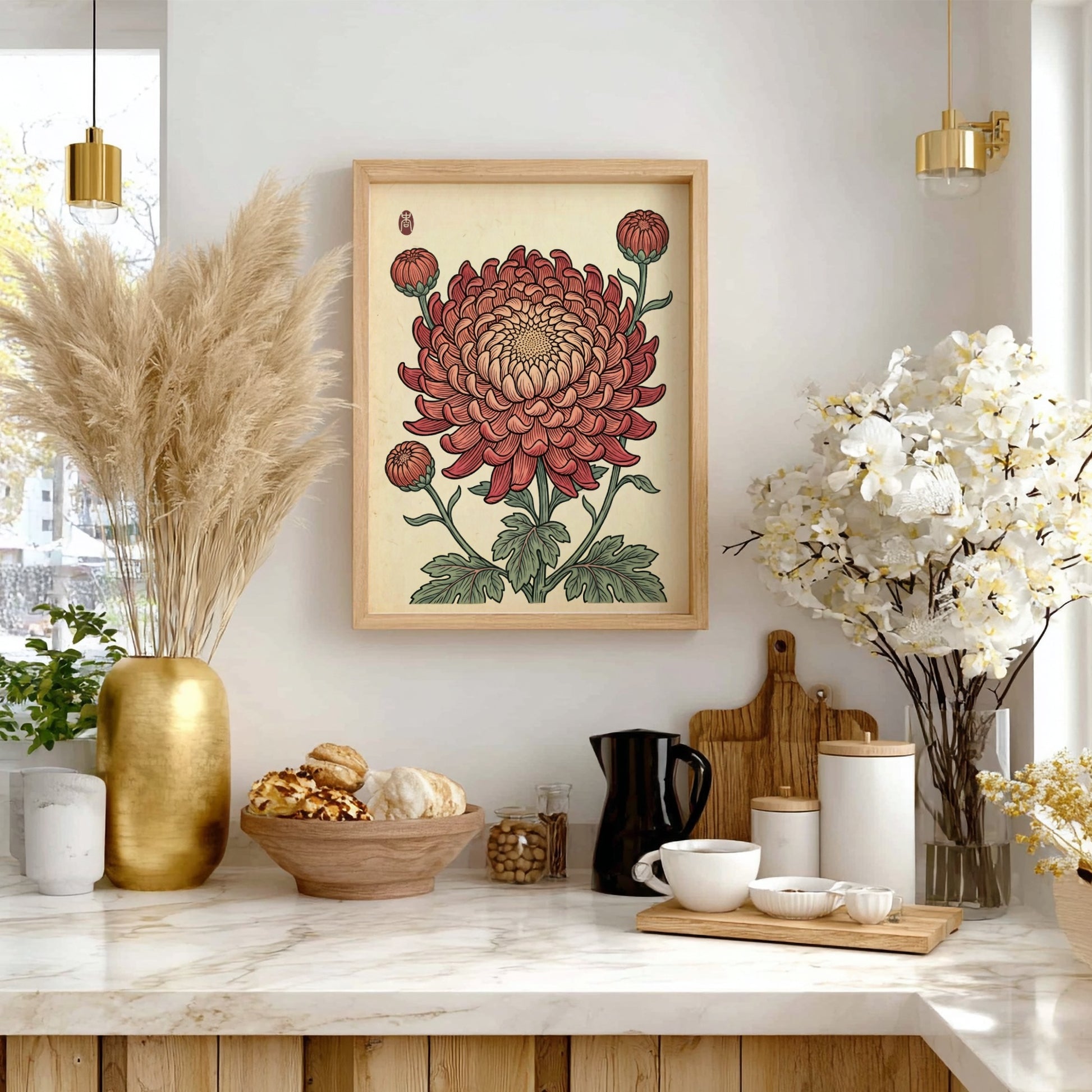 Japanese art style poster featuring a pink chrysanthemum with intricate details and warm colors