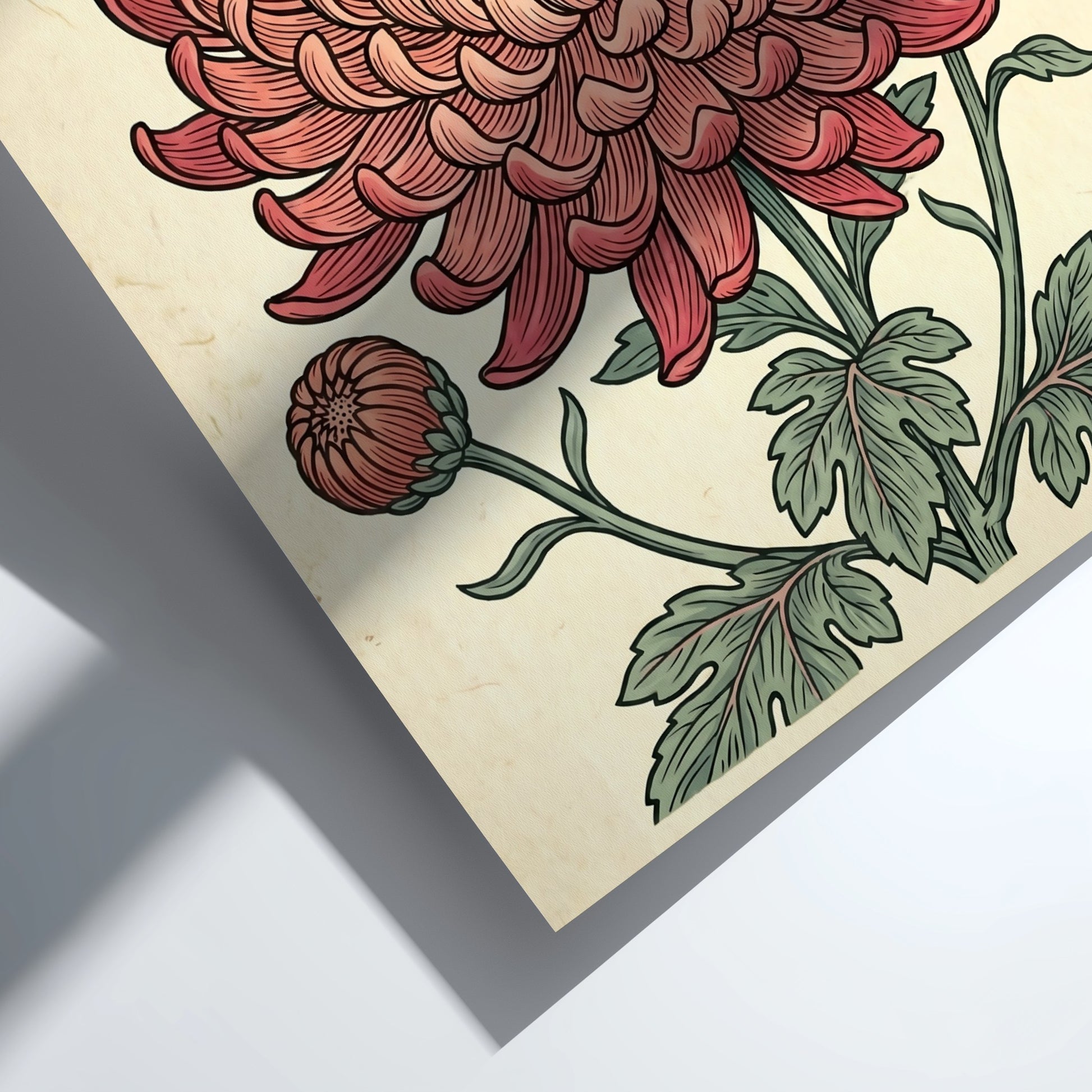 Japanese art style poster featuring a pink chrysanthemum with intricate details and warm colors