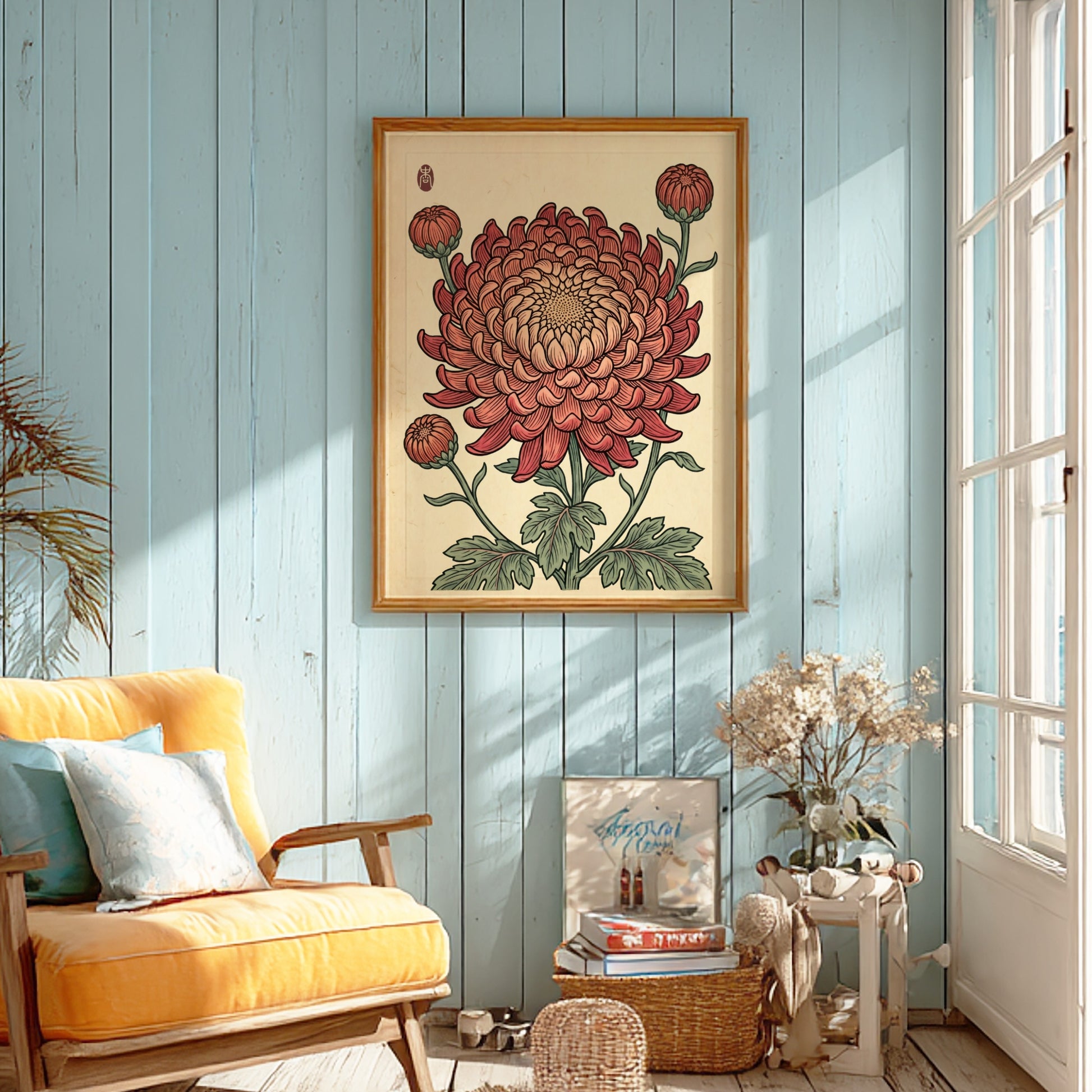 Japanese art style poster featuring a pink chrysanthemum with intricate details and warm colors