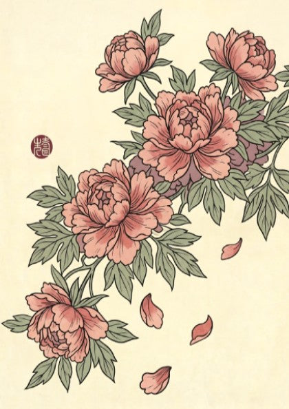 Pink peonies poster featuring soft pink flowers in Japanese art style