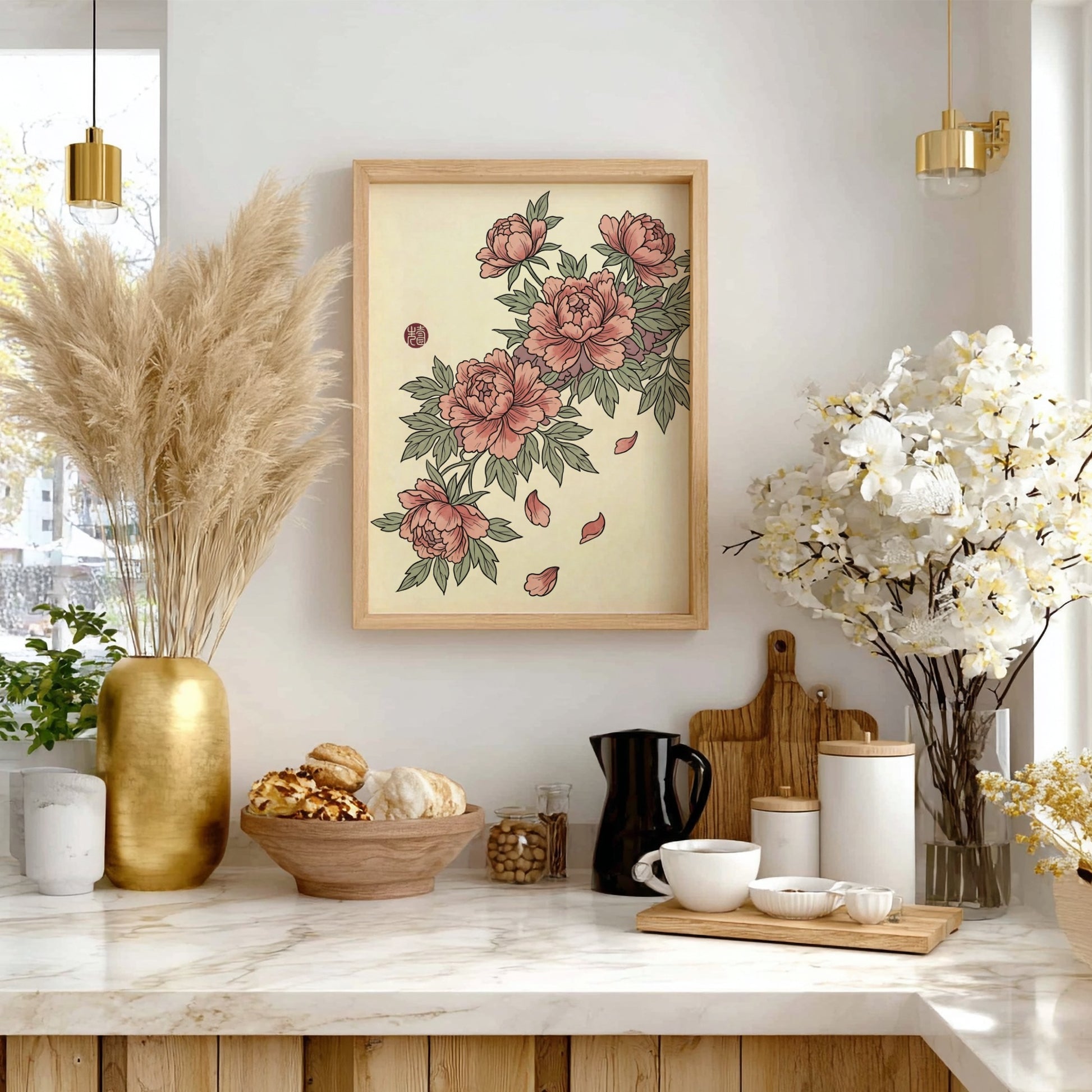Pink peonies poster featuring soft pink flowers in Japanese art style