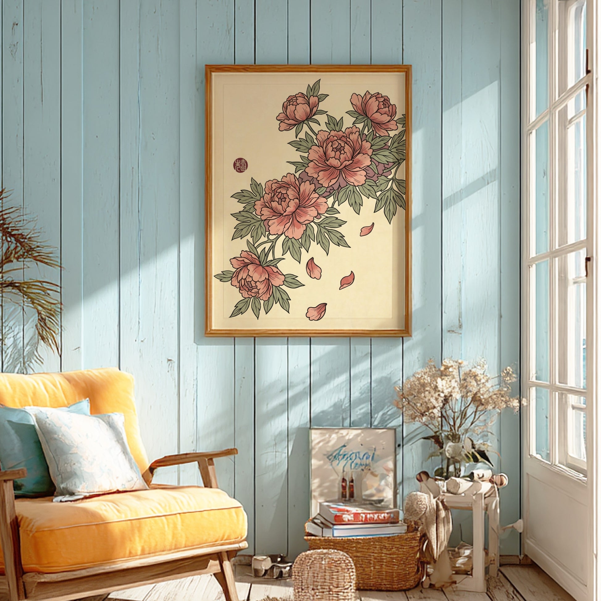 Pink peonies poster featuring soft pink flowers in Japanese art style