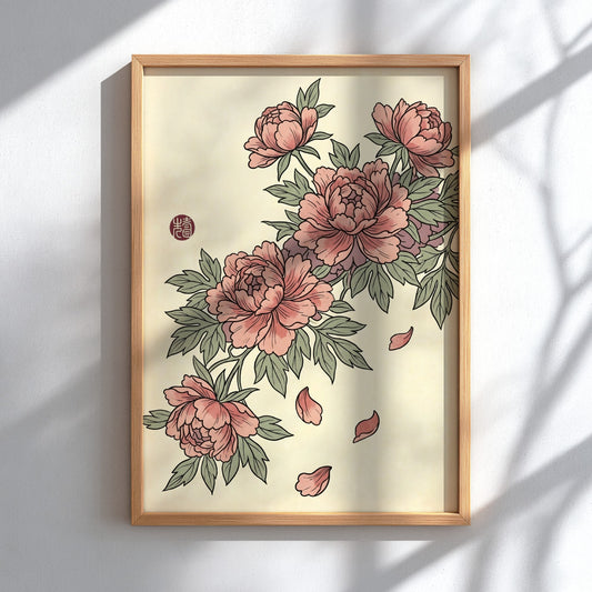 Pink peonies poster featuring soft pink flowers in Japanese art style