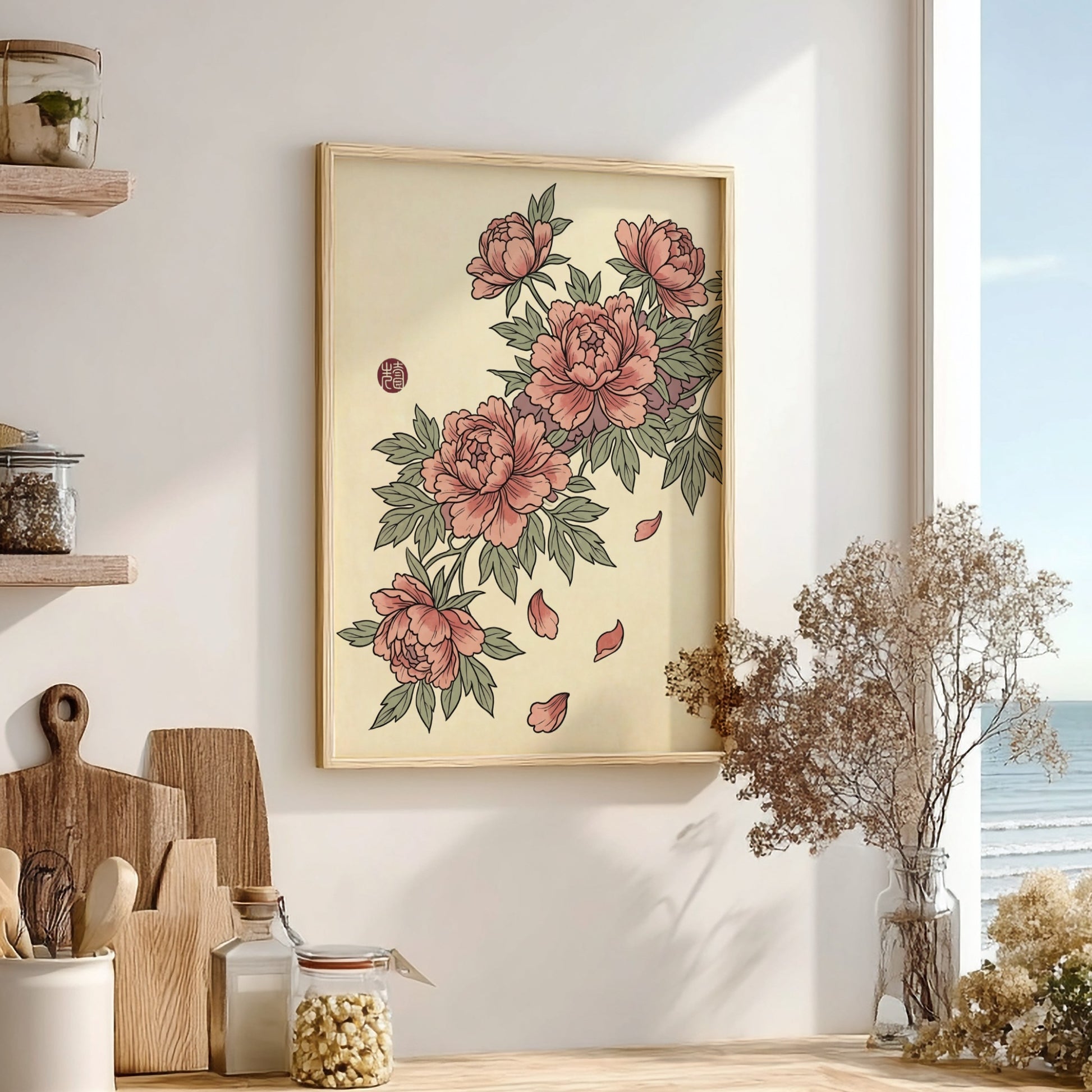 Pink peonies poster featuring soft pink flowers in Japanese art style