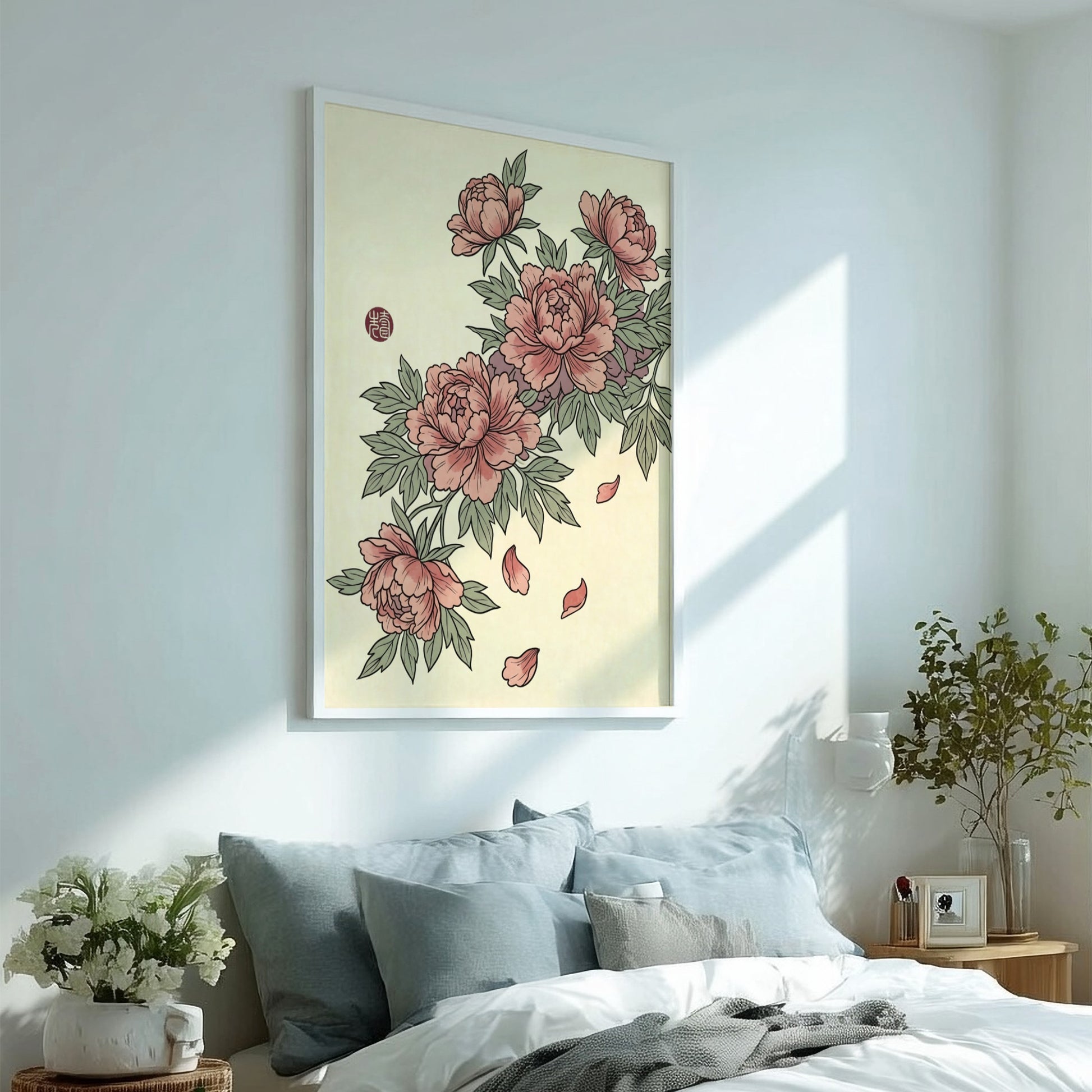 Pink peonies poster featuring soft pink flowers in Japanese art style