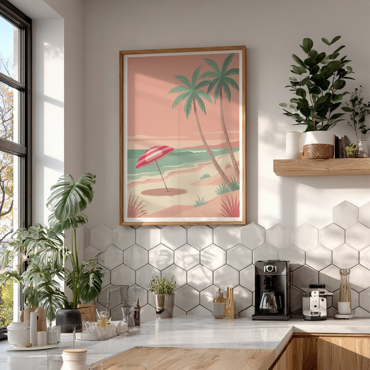 Tropical beach sunset wall decor featuring a striped umbrella and palm trees in pink.