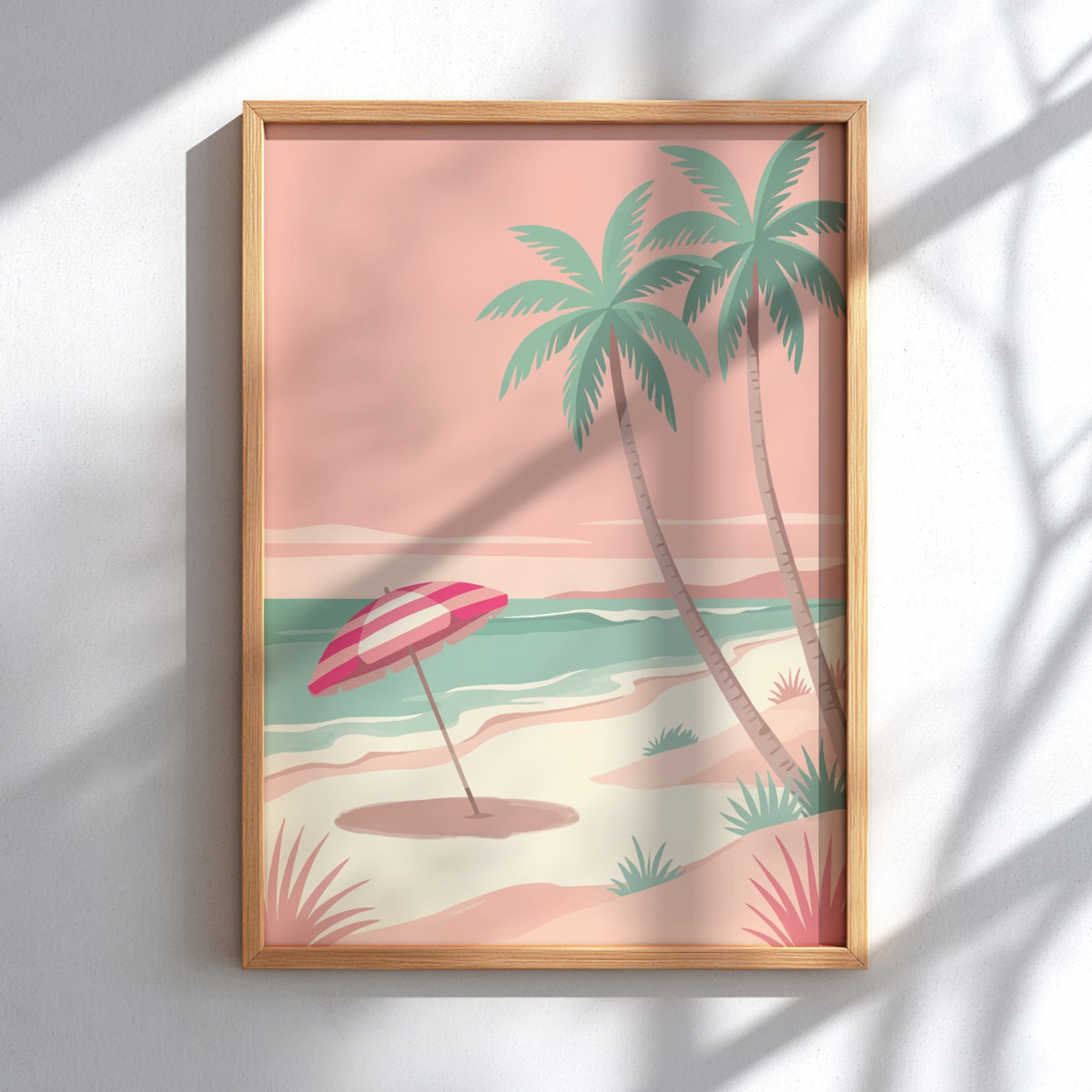 Tropical beach sunset wall decor featuring a striped umbrella and palm trees in pink.
