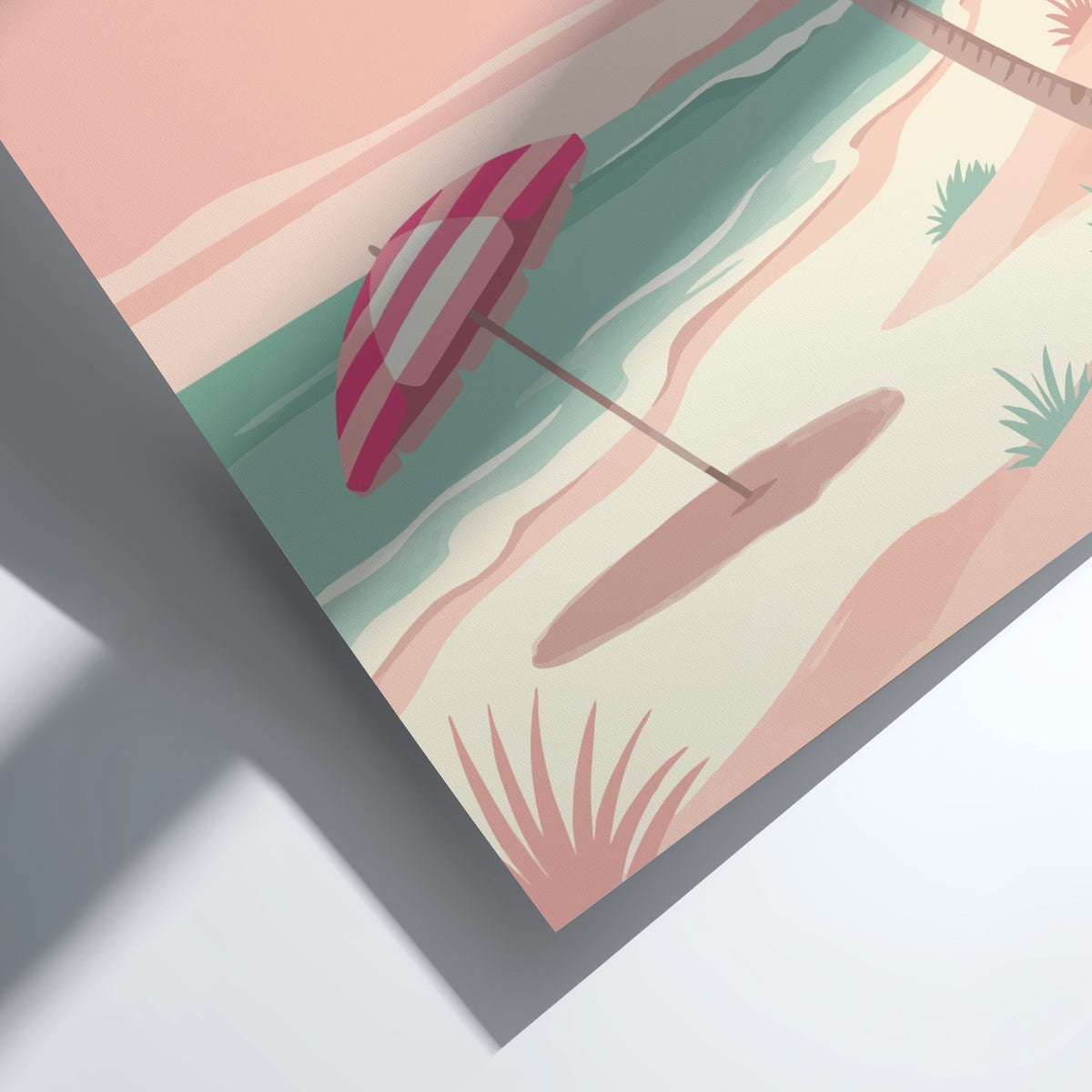 Tropical beach sunset wall decor featuring a striped umbrella and palm trees in pink.