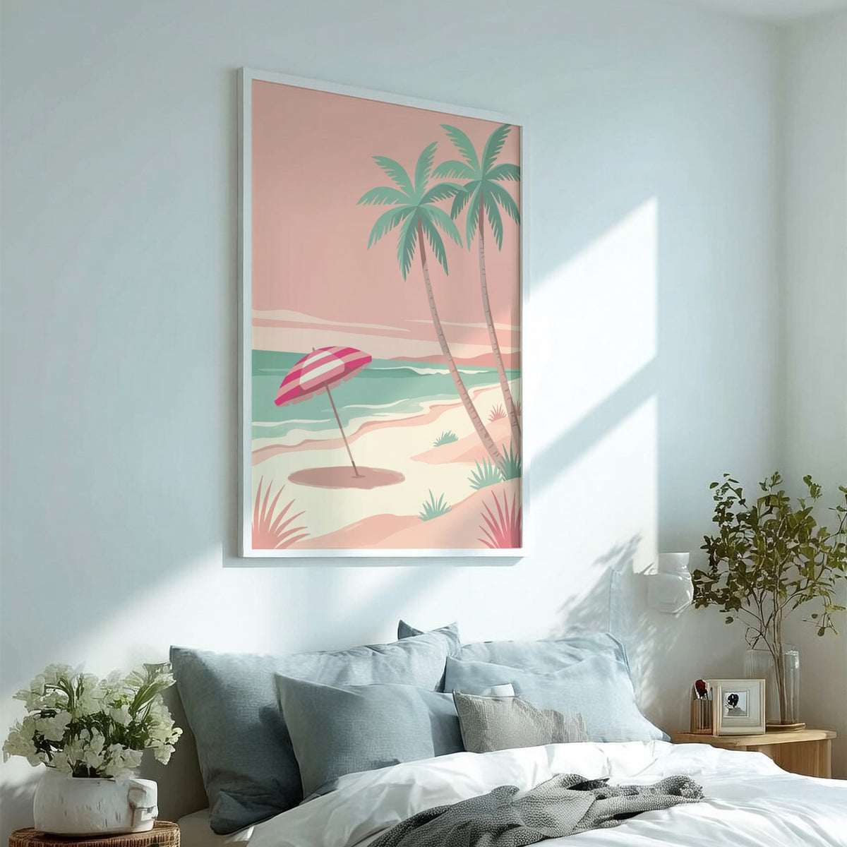 Tropical beach sunset wall decor featuring a striped umbrella and palm trees in pink.