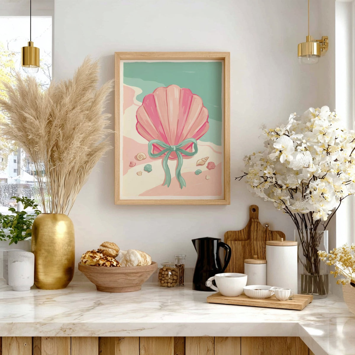 Coastal wall decor featuring a large pink seashell tied with a sage green ribbon.