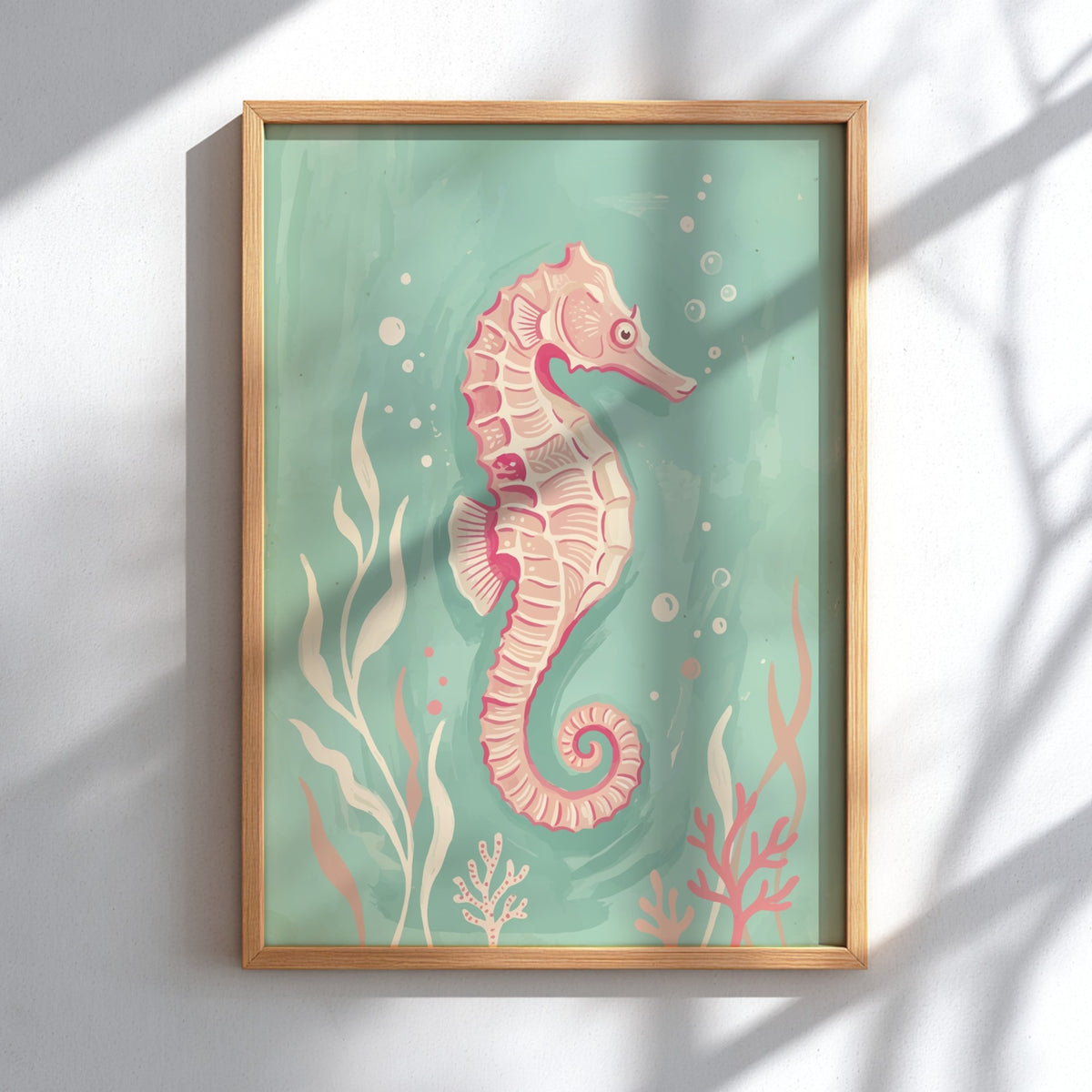 Pink seahorse illustration with coral and seaweed on a soft turquoise underwater background