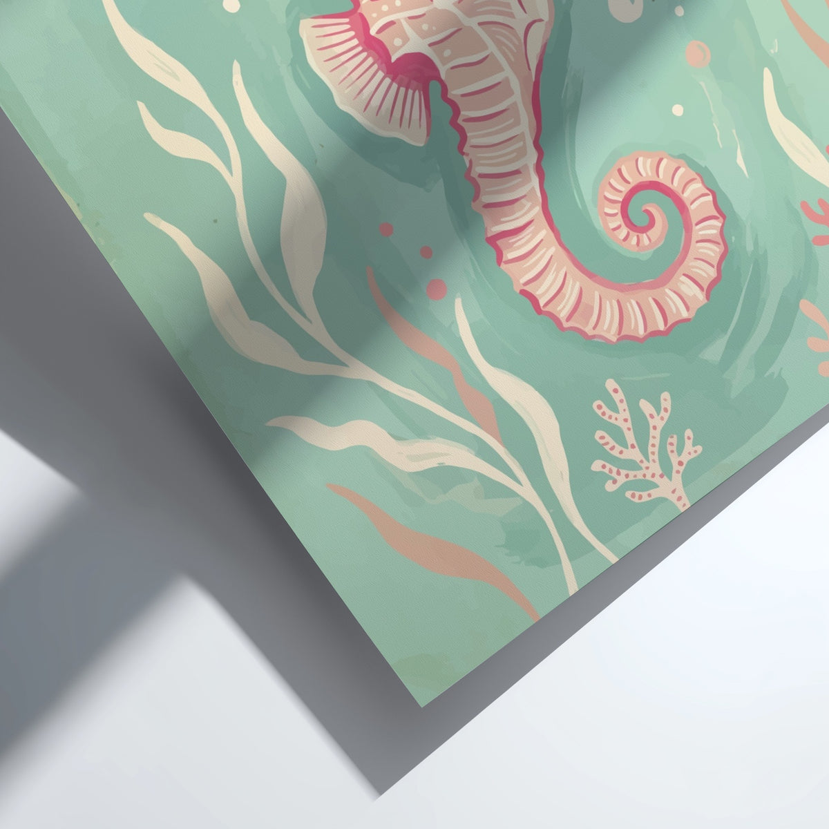 Pink seahorse illustration with coral and seaweed on a soft turquoise underwater background