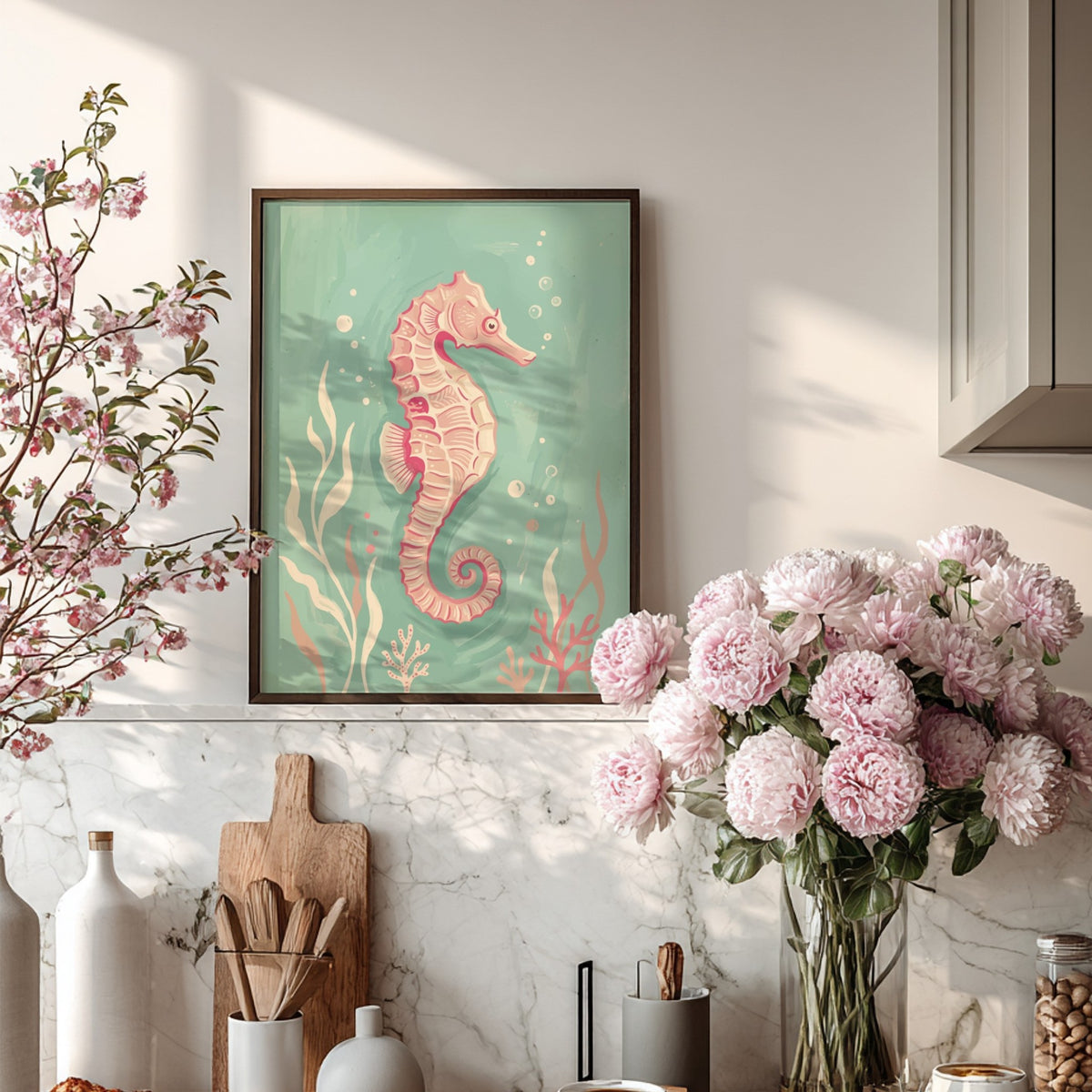 Pink seahorse illustration with coral and seaweed on a soft turquoise underwater background