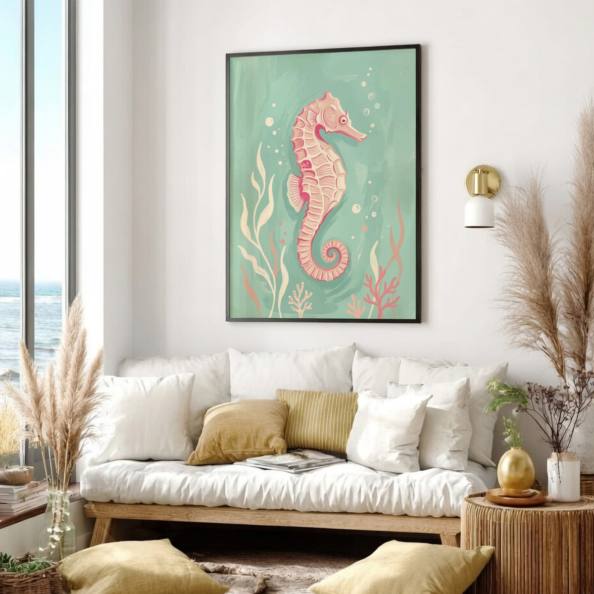 Pink seahorse illustration with coral and seaweed on a soft turquoise underwater background