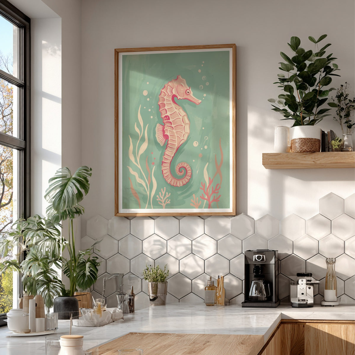 Pink seahorse illustration with coral and seaweed on a soft turquoise underwater background