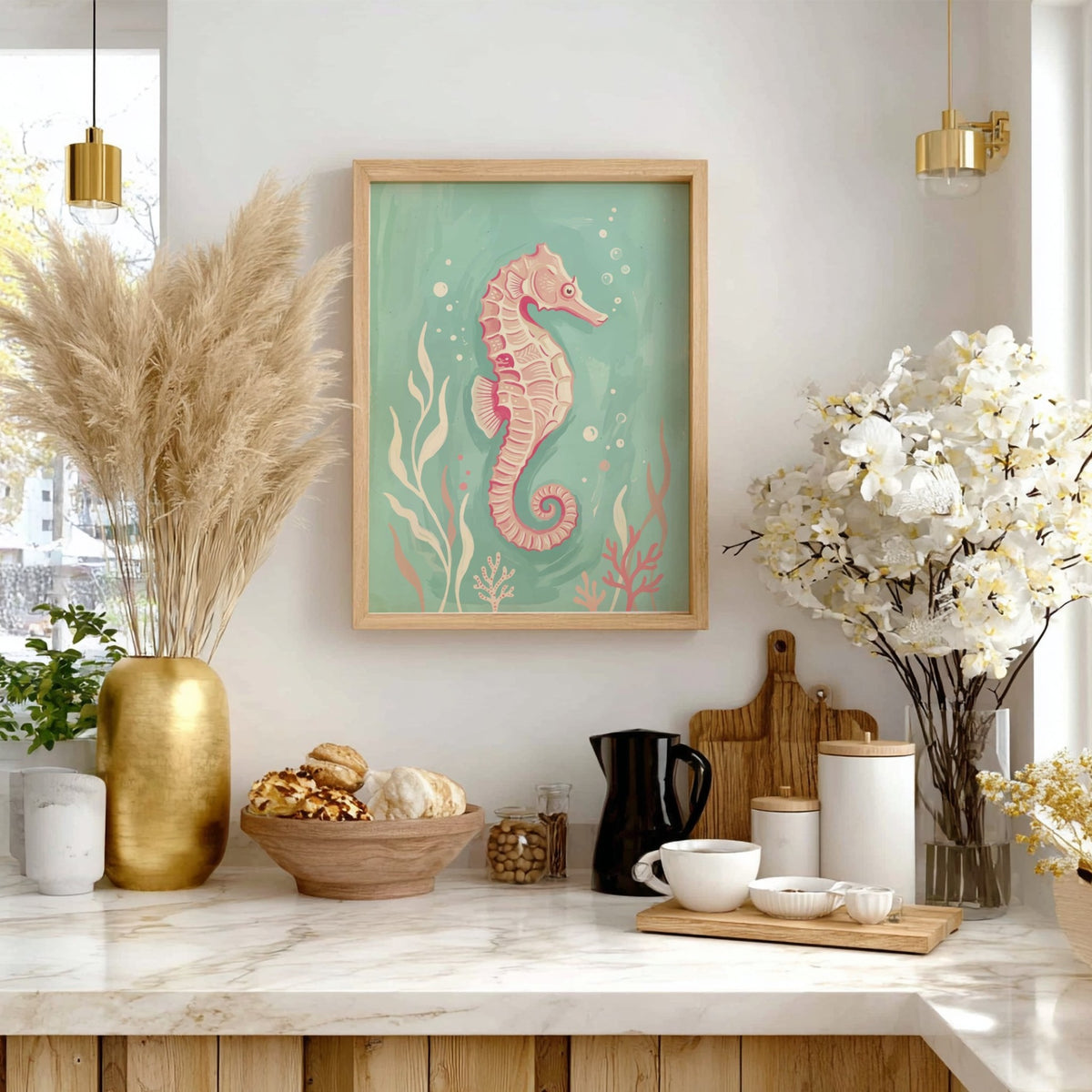 Pink seahorse illustration with coral and seaweed on a soft turquoise underwater background