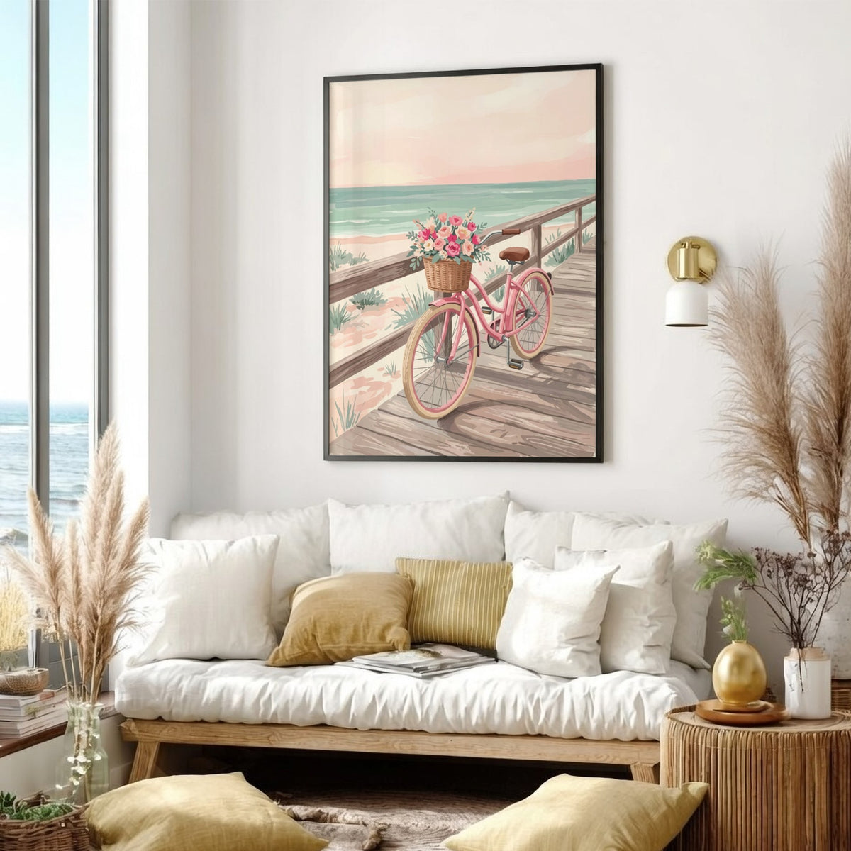 Pink beach cruiser bicycle with a flower basket on a wooden boardwalk near ocean
