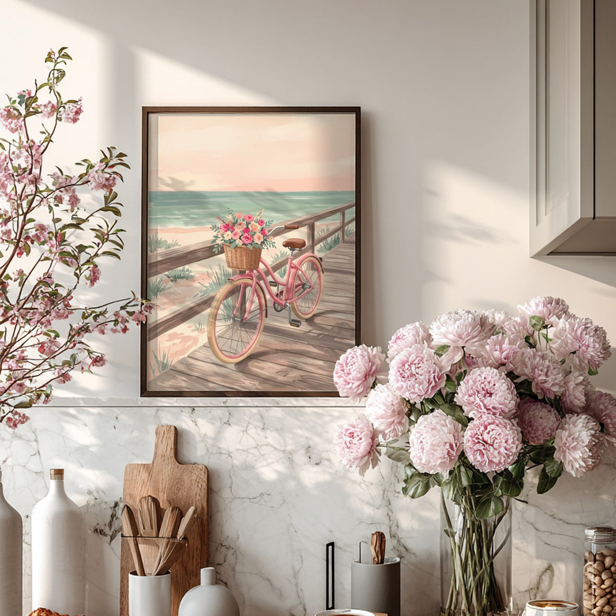 Pink beach cruiser bicycle with a flower basket on a wooden boardwalk near ocean