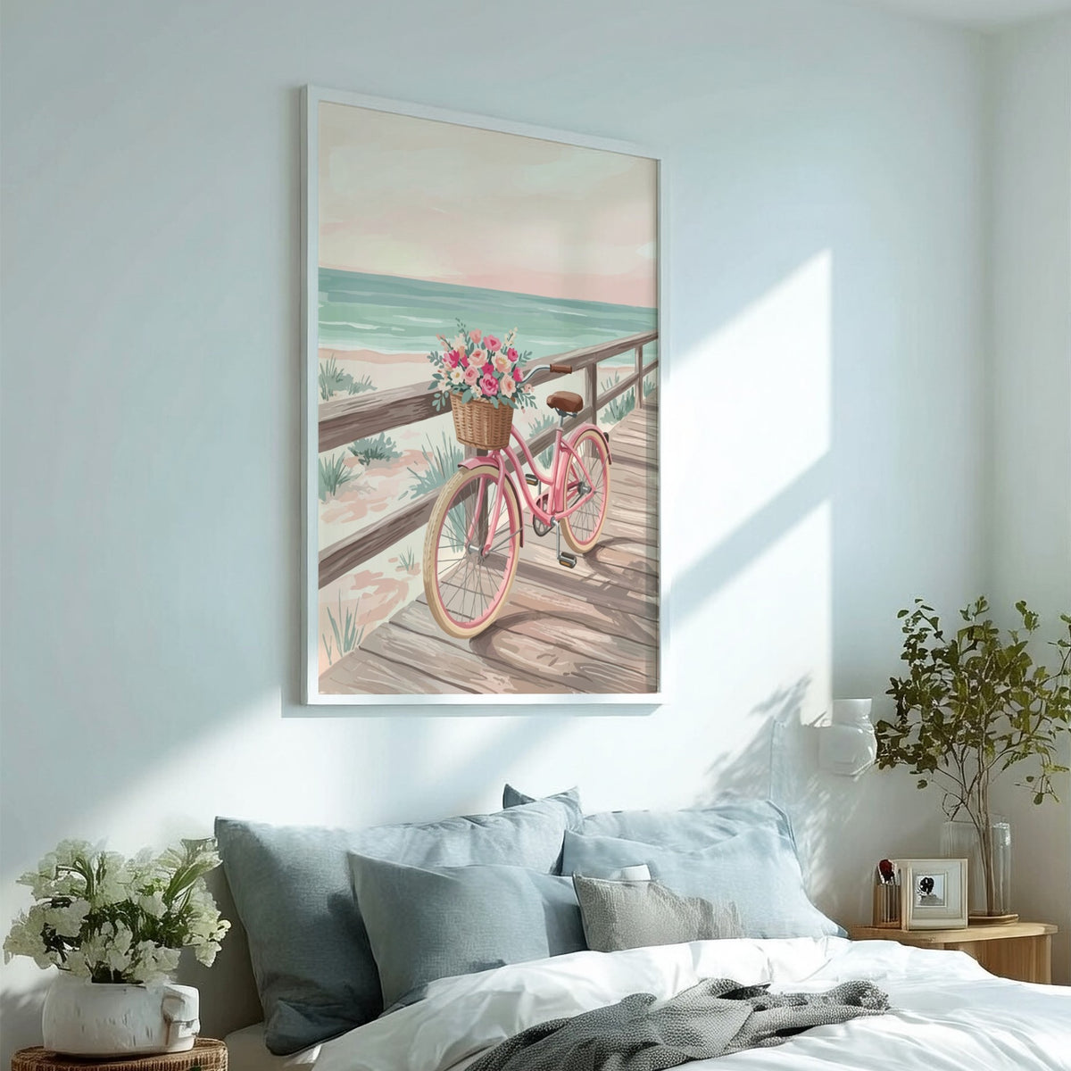 Pink beach cruiser bicycle with a flower basket on a wooden boardwalk near ocean