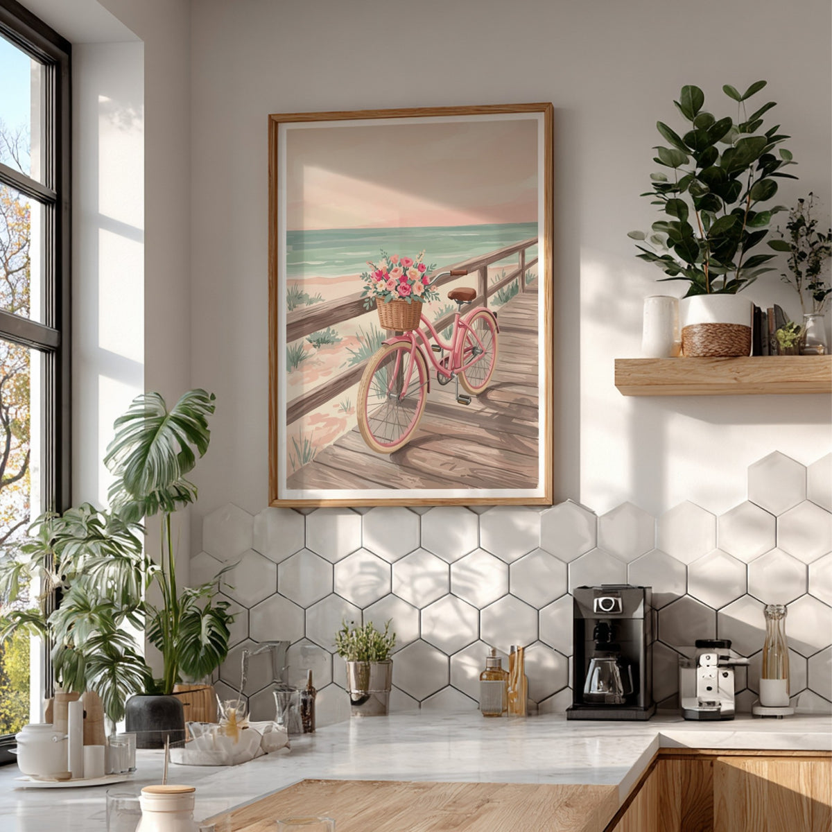 Pink beach cruiser bicycle with a flower basket on a wooden boardwalk near ocean
