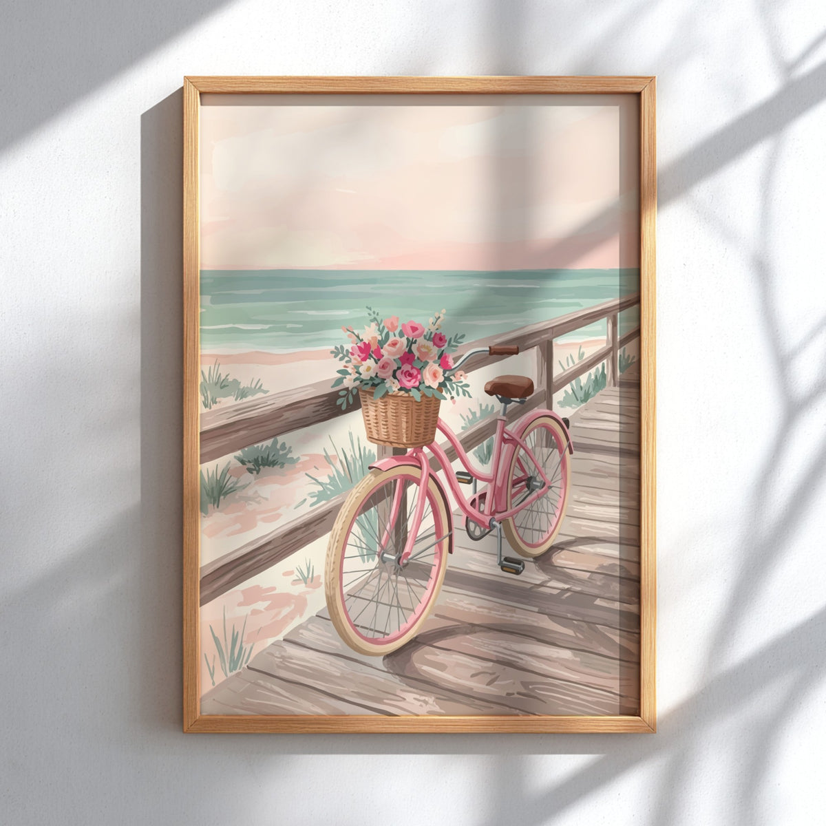 Pink beach cruiser bicycle with a flower basket on a wooden boardwalk near ocean