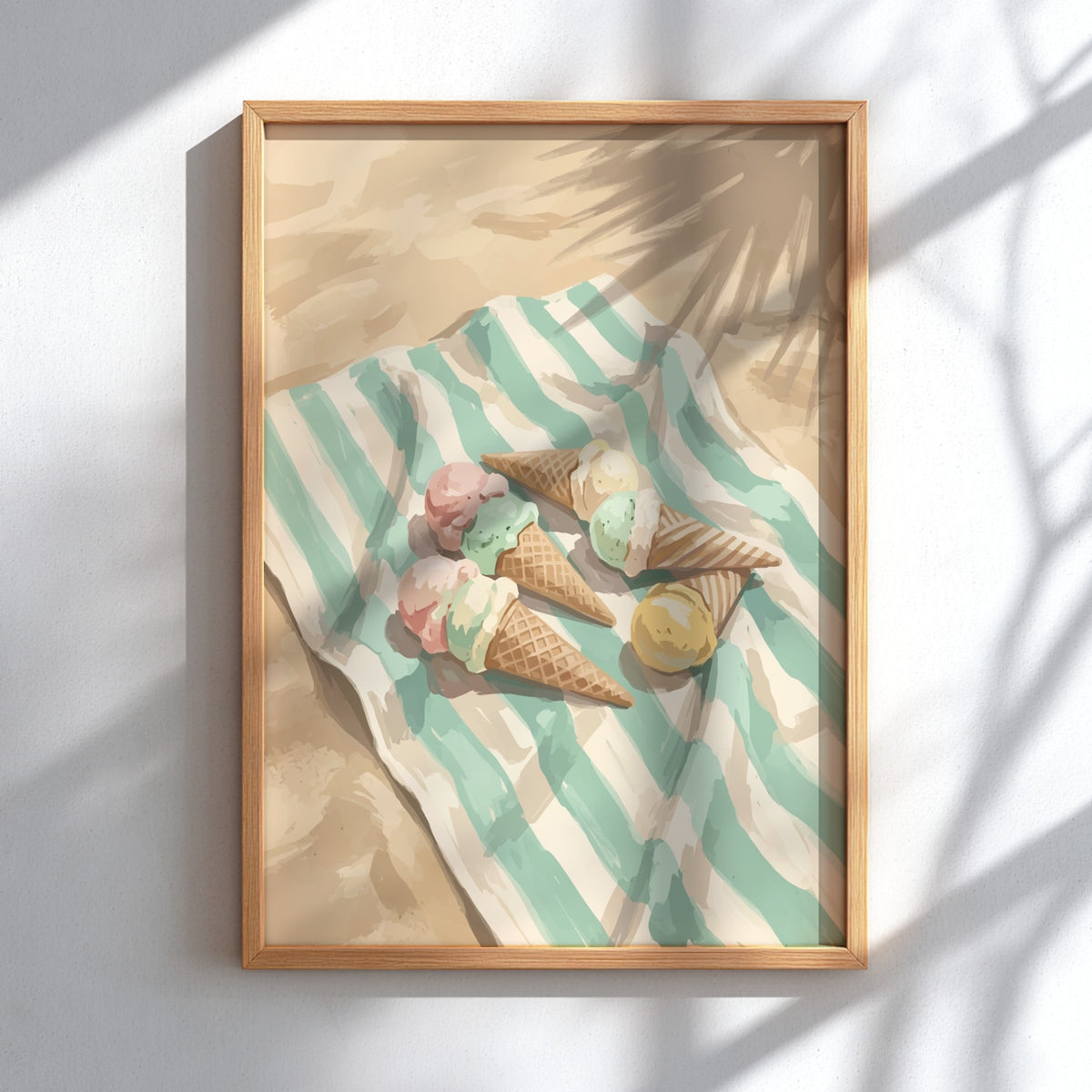 Wall art featuring three pastel ice cream cones on a striped towel at beach